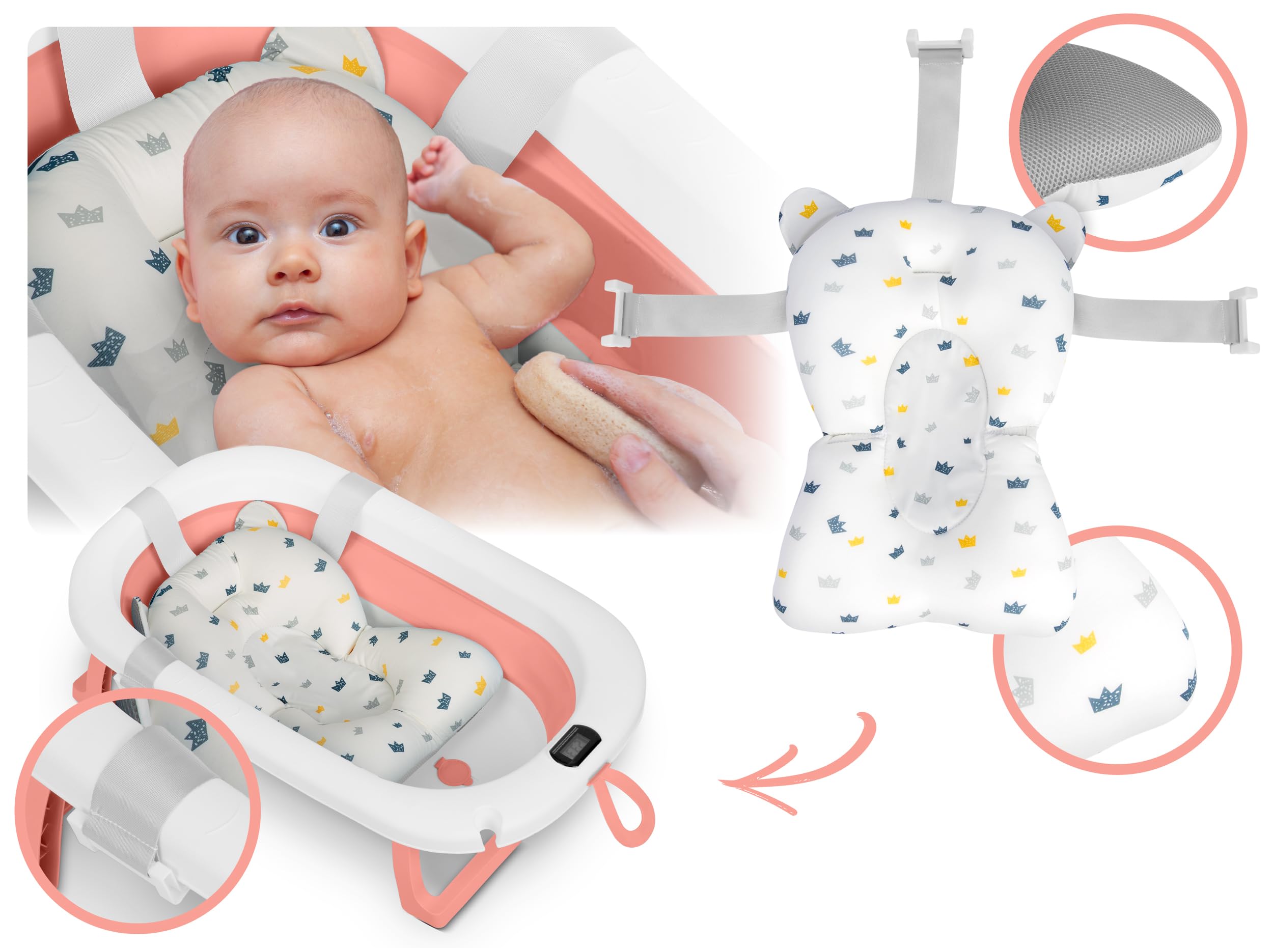 Ricokids Baignoire pour bébé avec support, thermomètre et coussin de bain, pliable, légère et antidérapante, blanc/rose