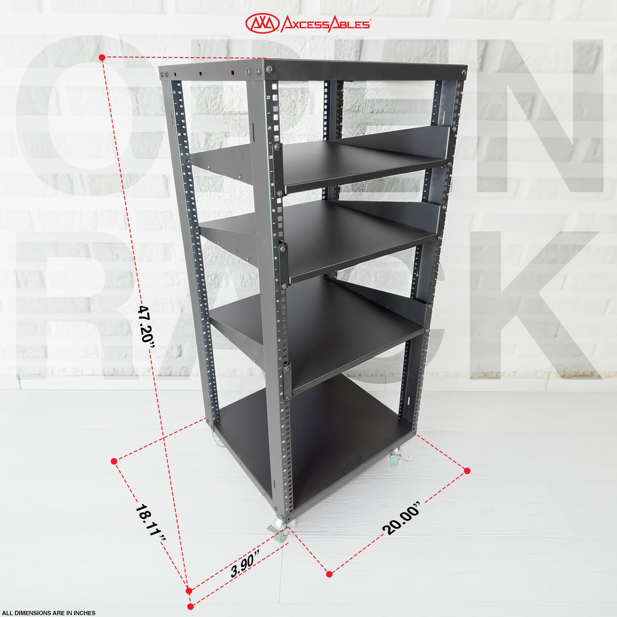 AxcessAbles 22U Open Frame Network & AV Rack with Caster Wheels, Three 2U Shelves, 10-32 & Cage Nut Compatible Rails, Cage Nuts, Screws, Cage Nut Tool & Wall Mount Kit | 19-Inch Equipment Rack