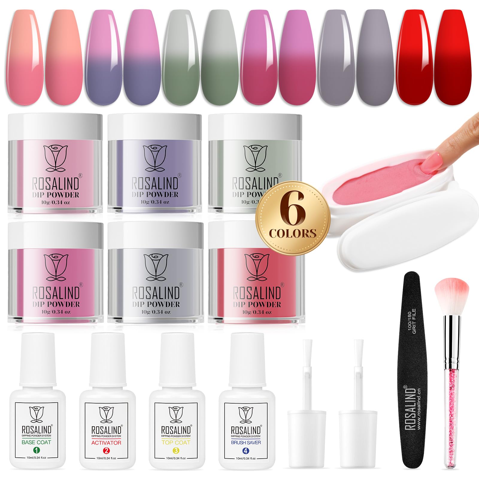 ROSALIND 13PCS Dip Nails Powder Starter Kit, 6 Colors Dip Powder Nail Kit Blue Green Pink Red Color Changing Nail Dip Powder Colors Set with Base & Top Coat, Brush Restorer and Activator-image-23
