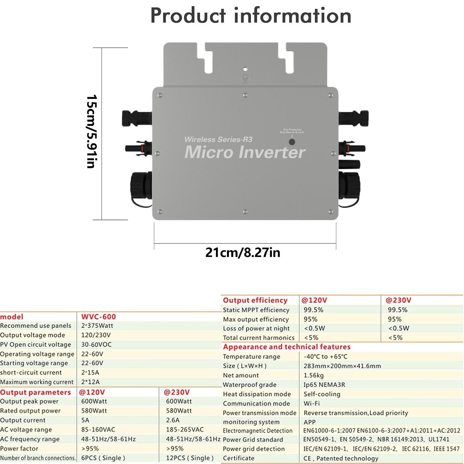 Micro inverter solare, micro inverter per collegamento alla rete solare MPPT da 600W, inverter per collegamento alla rete impermeabile da CC a CA 120V 230V Identificazione automatica Microinverter
