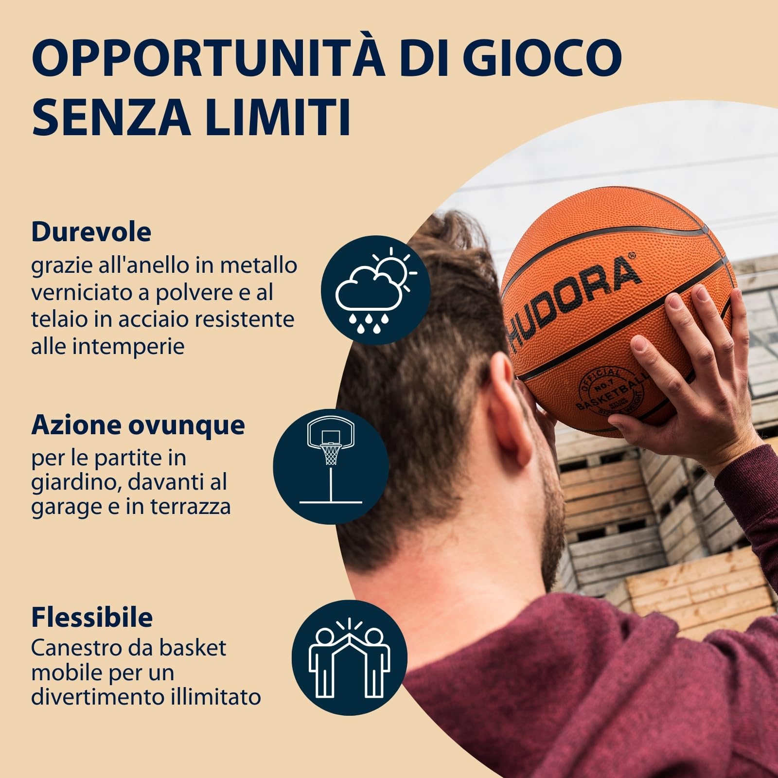 HUDORA Basketballständer Chicago - Basketball Ständer von 206-260cm höhenverstellbar - Mobiler Outdoor Basketballkorb für Kinder/Jugendliche & Erwachsene - Basketballkorb mit Ständer & Rollen