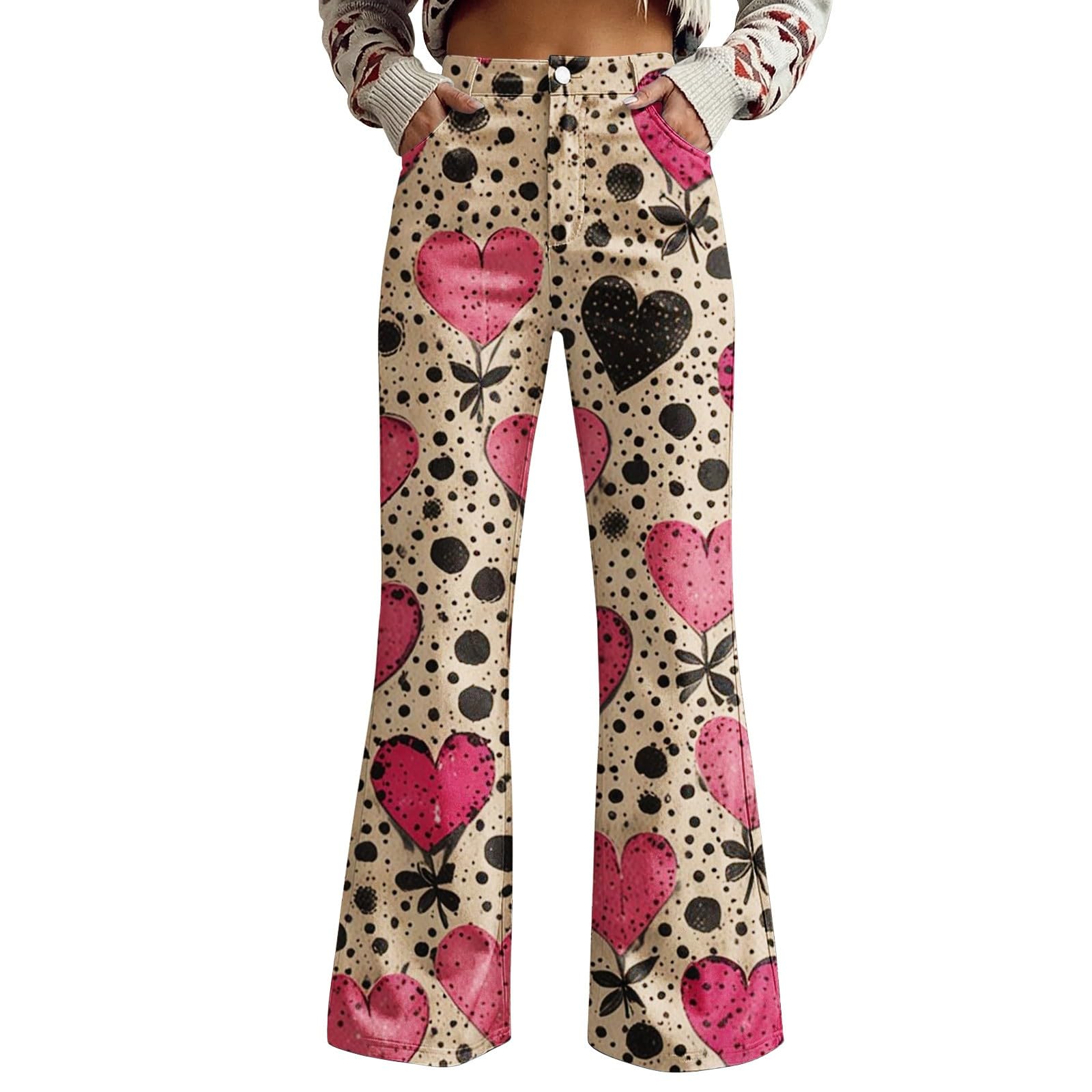 Womens Baggy Jeans, Valentine Pants for Women Heart Print Wide Leg Loost Fit Plus Size Y2K Denim Pants, S-5XL