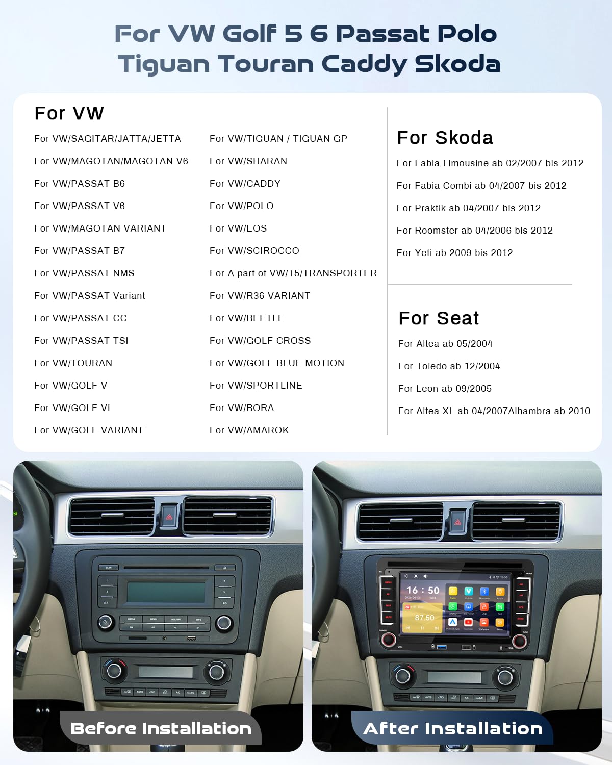 Roinvou Radio samochodowe do VW Golf 5 6 Passat Polo Tiguan Touran Caddy Skoda Wireless CarPlay Android Auto MirrorLink, 7-calowy ekran dotykowy radia z Bluetooth, DSP FM SWC Kamera cofania