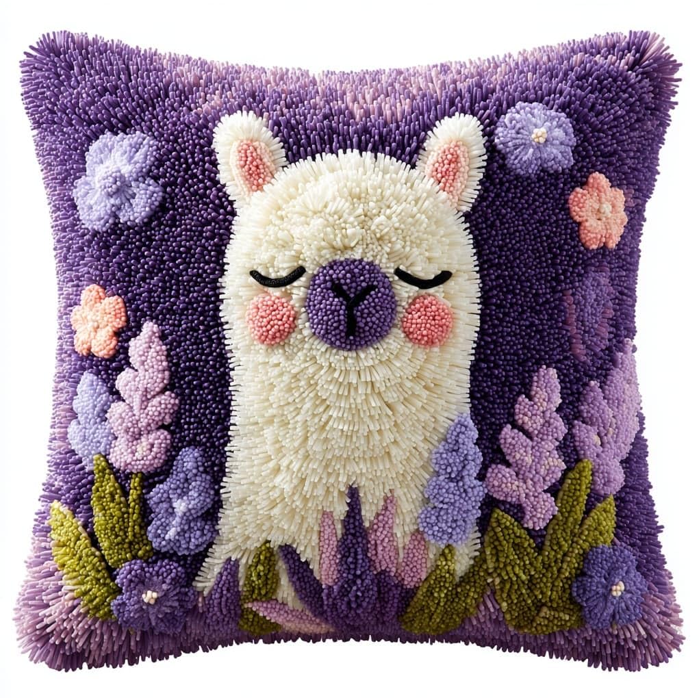 Henypt DIY Latch Hook Cushion Kit 43x43cm,Alpacas and Lavender Complete Needlecraft Set with Pre-Cut Yarn & Tools,Creative Home Decor Gift for All Ages