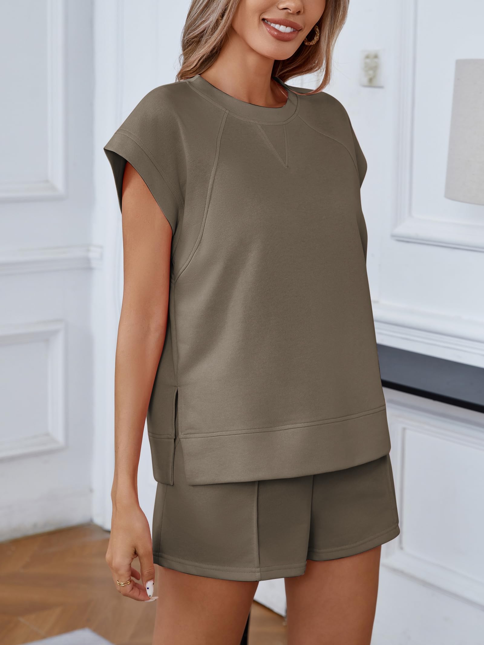 Famulily Conjunto de chándal de manga corta para mujer, cuello redondo, camisa con abertura lateral y pantalones cortos con costuras pellizcadas, conjunto de verano, tallas S-XL