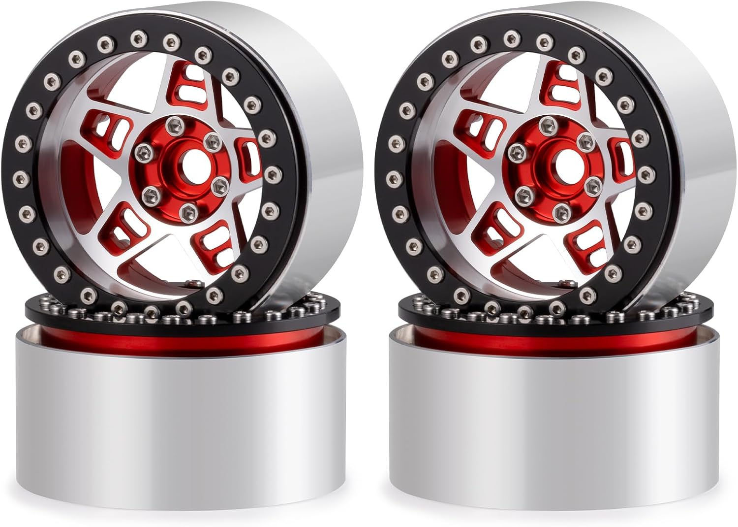 LSG 2.2" Beadlock Wheel Aluminum Alloy Rims 64 * 35mm for 1/10 SCX10 D90 TRX4 Wraith 90048 RR10 RC Crawler Car, 4pcs (Black Red)