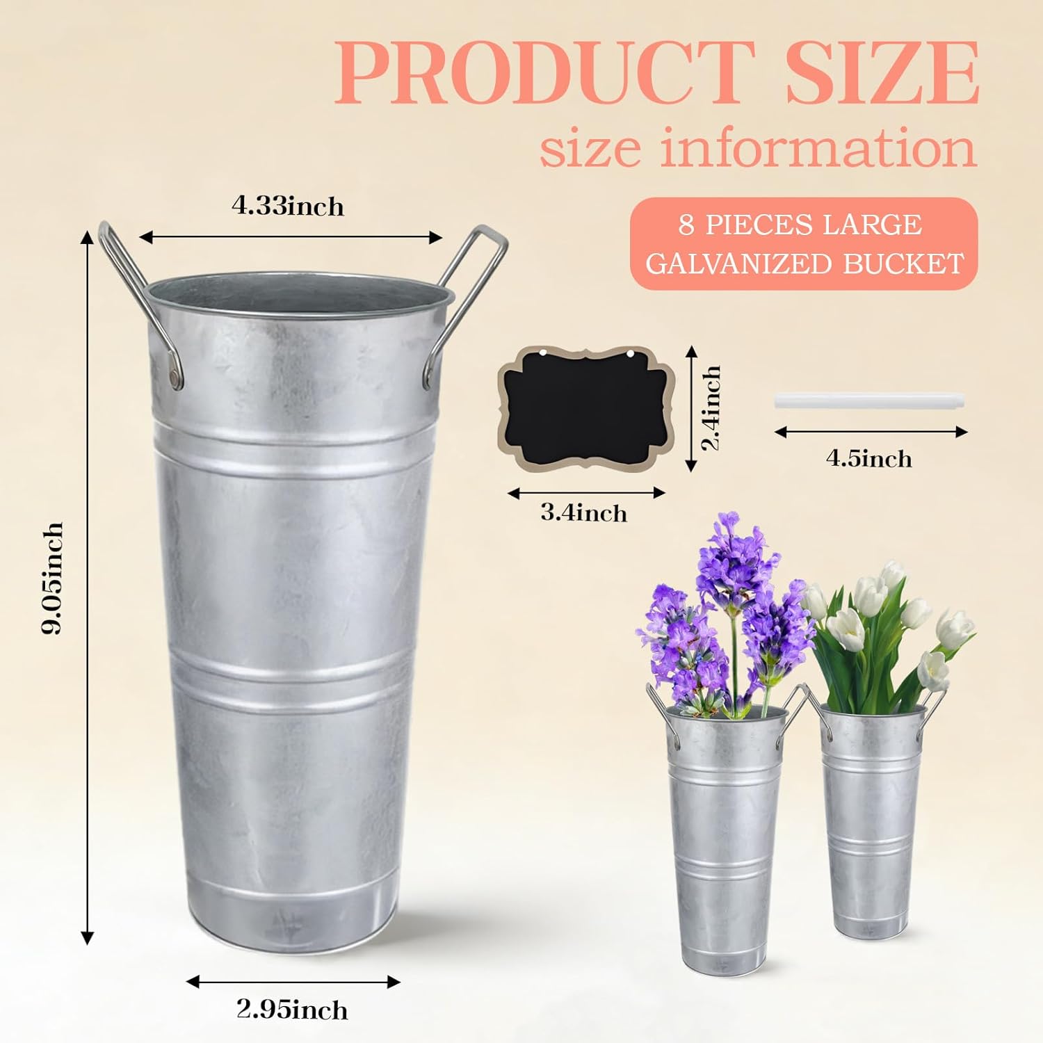 8pcs 9inch Galvanized Metal Flower Vases with Handles,Rustic Flower Bucket Vases with Small Chalkboard Label,Flower Vases for Bouquet,Flower Buckets for Flower Bar Supplies - Image 2