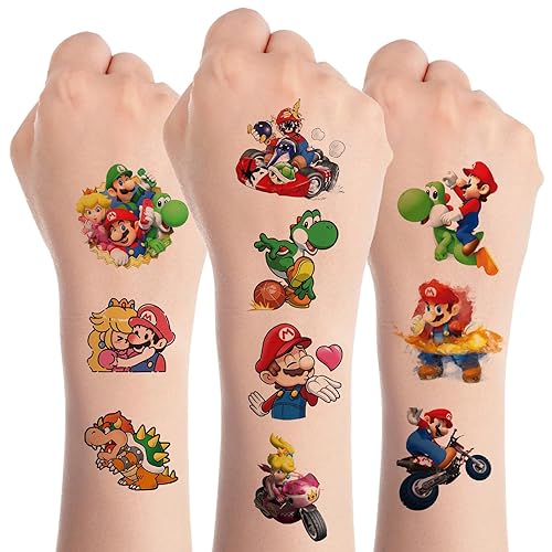 40 piezas de suministros de fiesta de cumpleaños de Mario  Tatuajes temporales lindos de Mario para niños  Calcomanías de tatuaje falsas para bolsas