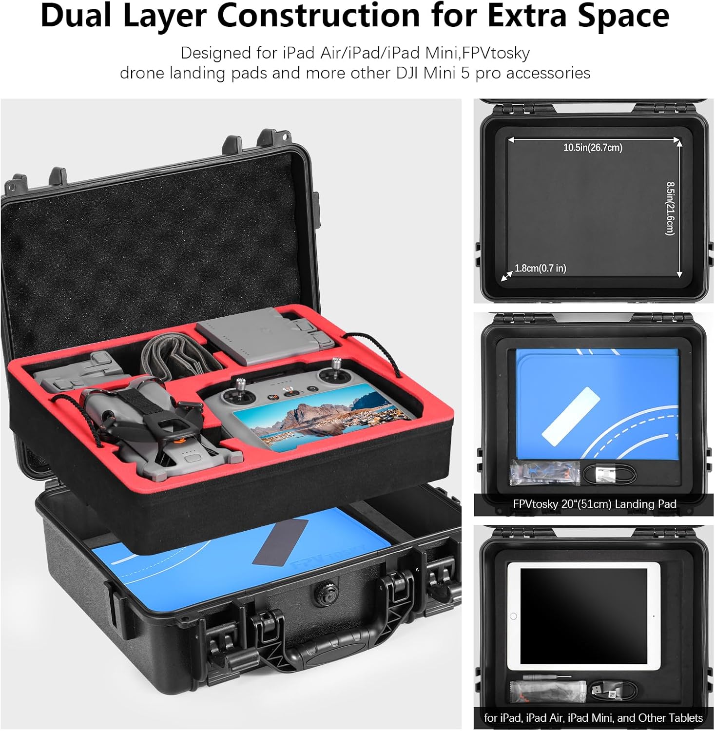 FPVtosky Dual Layer Hard Case for DJI Mini 5 Pro [CASE ONLY], Waterproof Carrying Case for Mavic Mini 5 Pro/Fly More Combo/Plus Drone, Compatible with DJI RC 2 or RC-N3 Controller Accessories - Image 3
