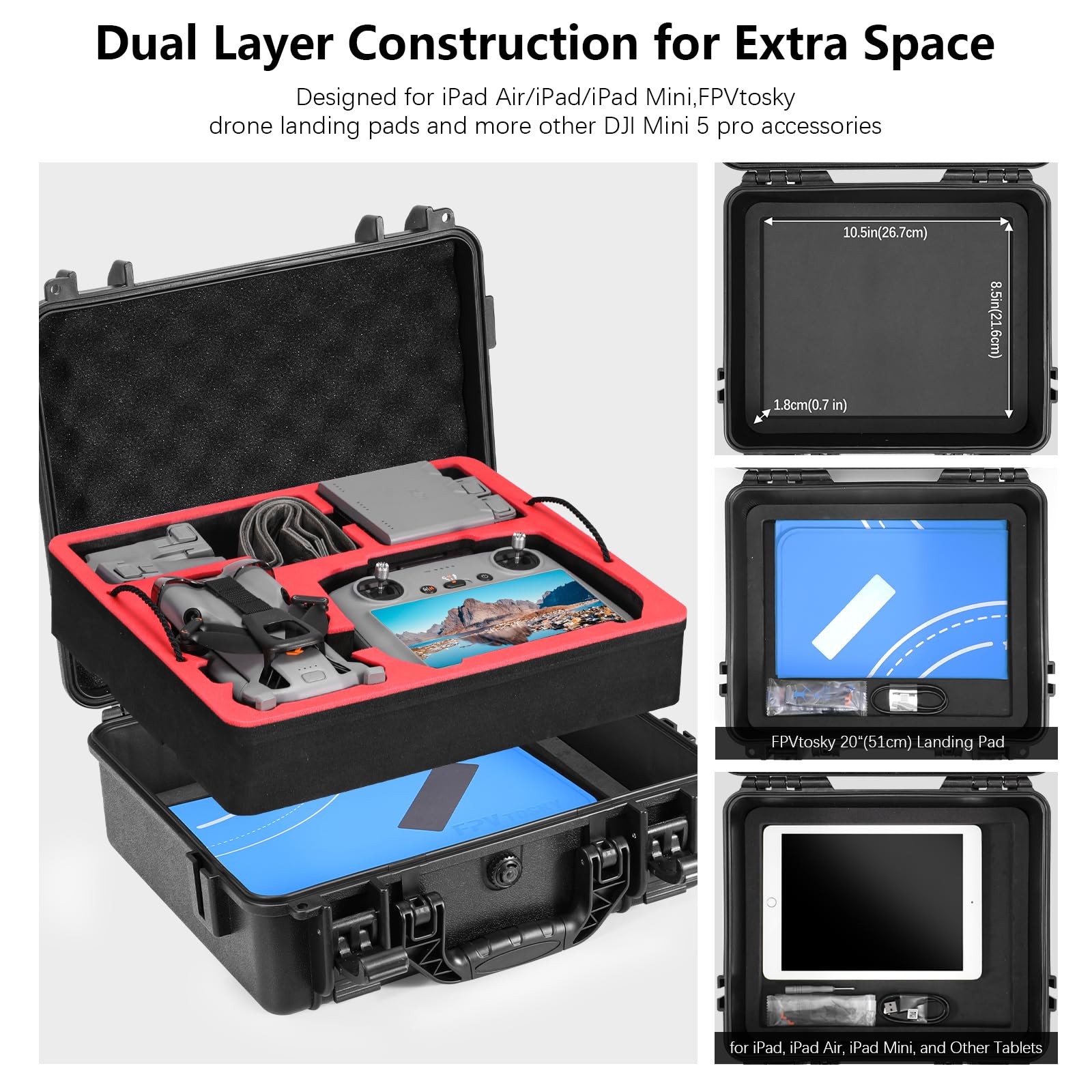 FPVtosky Valise pour DJI Mini 5 Pro/Fly More Combo Plus, Sac de Transport à Double Couche pour Mini 5 Pro, Compatible avec RC 2/RC-N3, Batterie, Chargeur et Autres Accessoires [Seulement Le BOÎTIER]