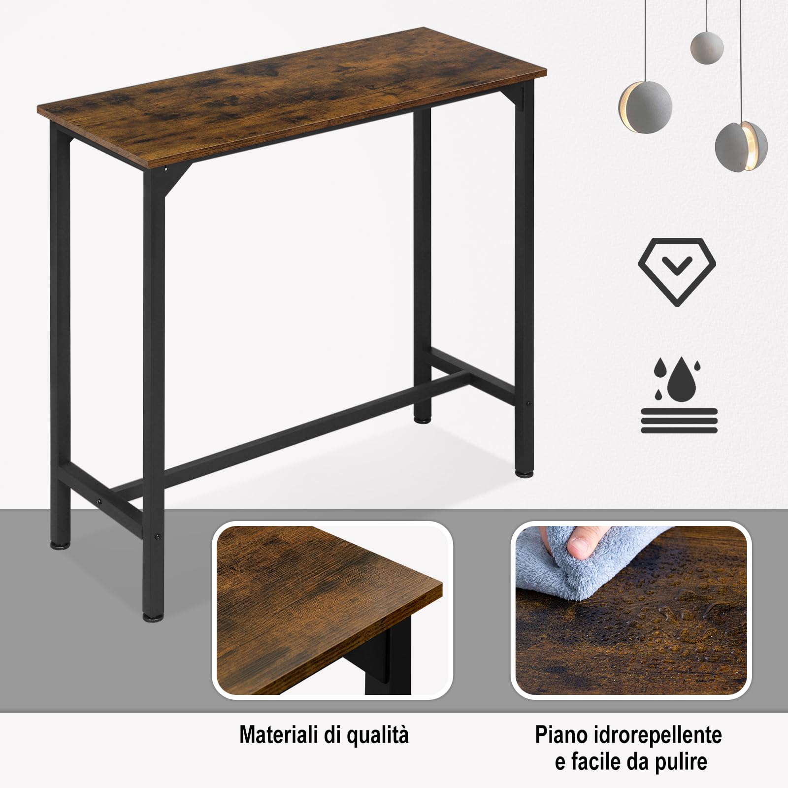 EUGAD Tavolo da Bar Salvaspazio, Tavolo Alto da Cucina Stretto, bancone bar in Legno & Metallo per Home Bar Cucina, 100 x 40 x 100 cm, Rustico + Nero