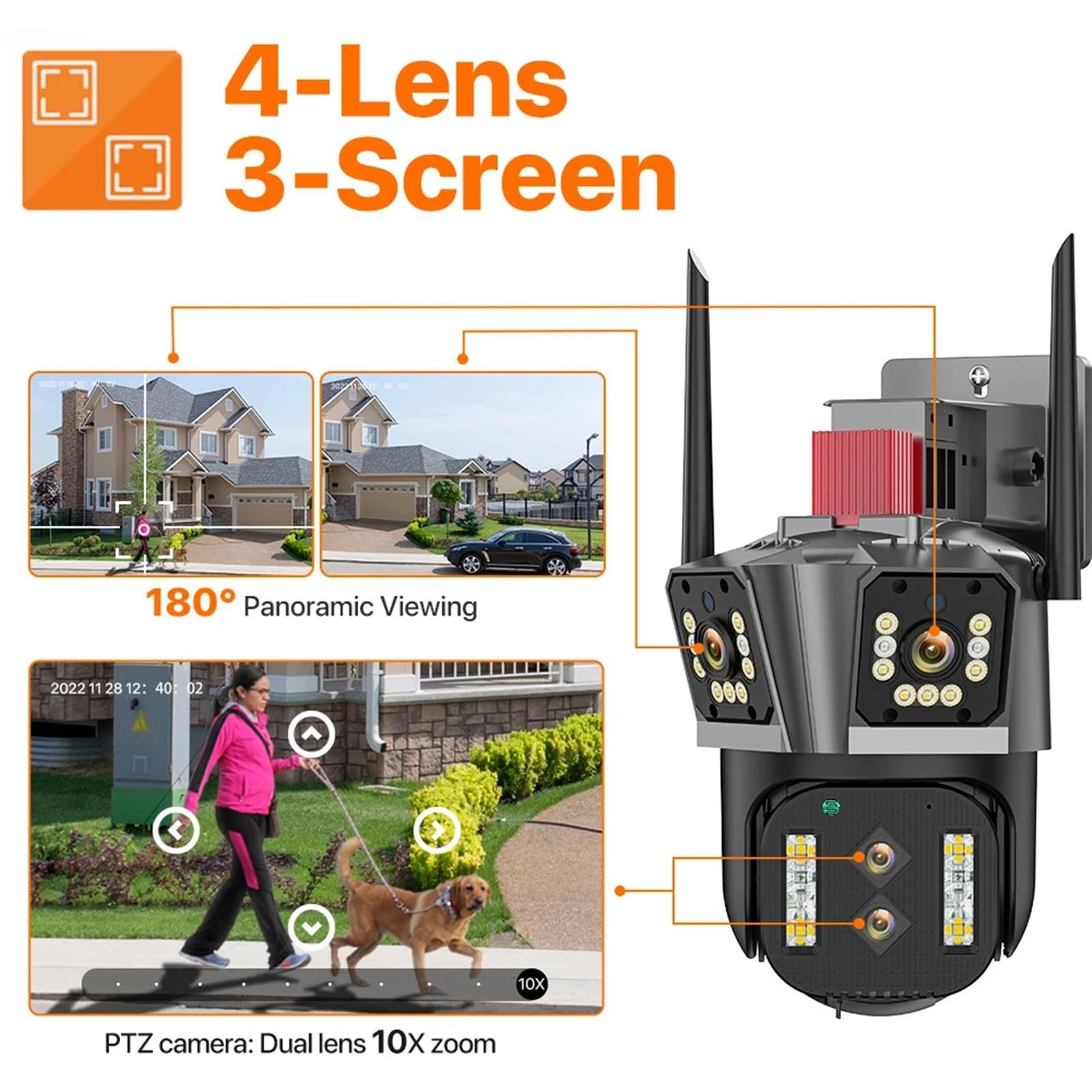 Kamera bezpieczeństwa, Kamera IP 6K HD 16MP 10X Zoom hybrydowy Automatyczne śledzenie Kamera PTZ Zewnętrzna kamera z czterema obiektywami i trzema ekranami Kamera bezpieczeństwa Nadzór 4K(6K Camera)