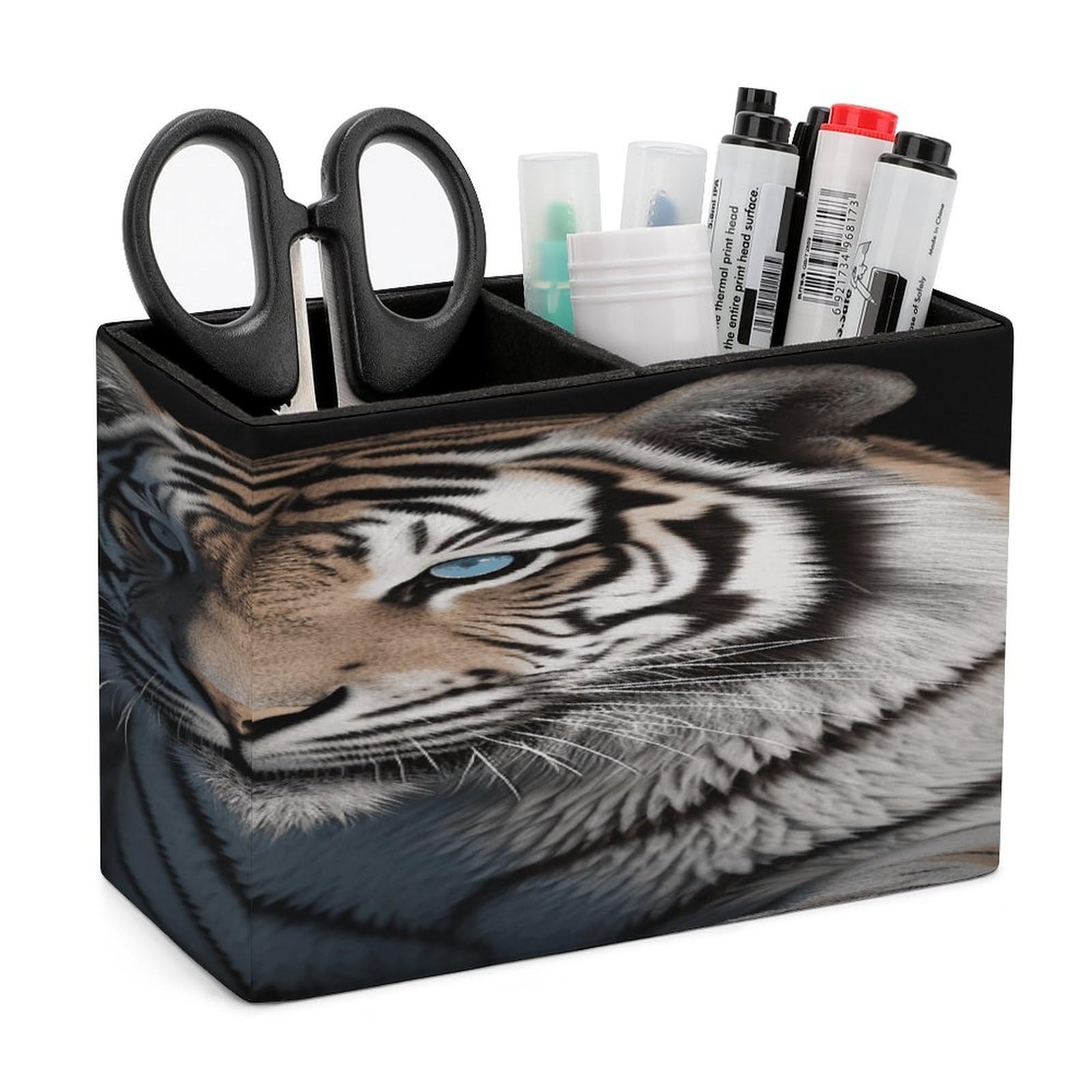 VstaDank Animal Tiger Pencil Holder for Desk(Double Slots) Fashion Leather Pencil Cup Simple Rectangular Shape Pen Holder Multi-Functional Pen Cup for Home Office Supplies Storage