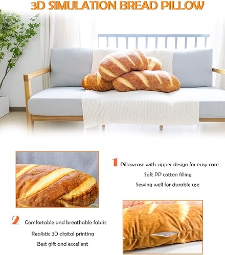 Miniatura 4 de Wepop - Almohada de 24 pulgadas en forma de hogaza de pan 3D, cojín lumbar suave con forma de baguette, juguete de peluche relleno gracioso de