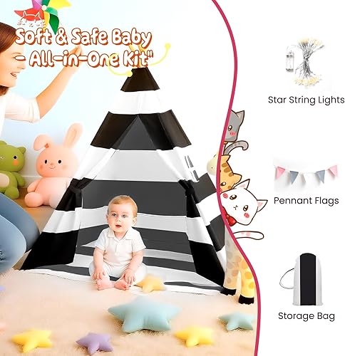 Miniatura 8 de Teepee Tent for Kids with Pompom, Foldable Play Tent with Carry Bag for Indoor Outdoor (Beige Teepee)