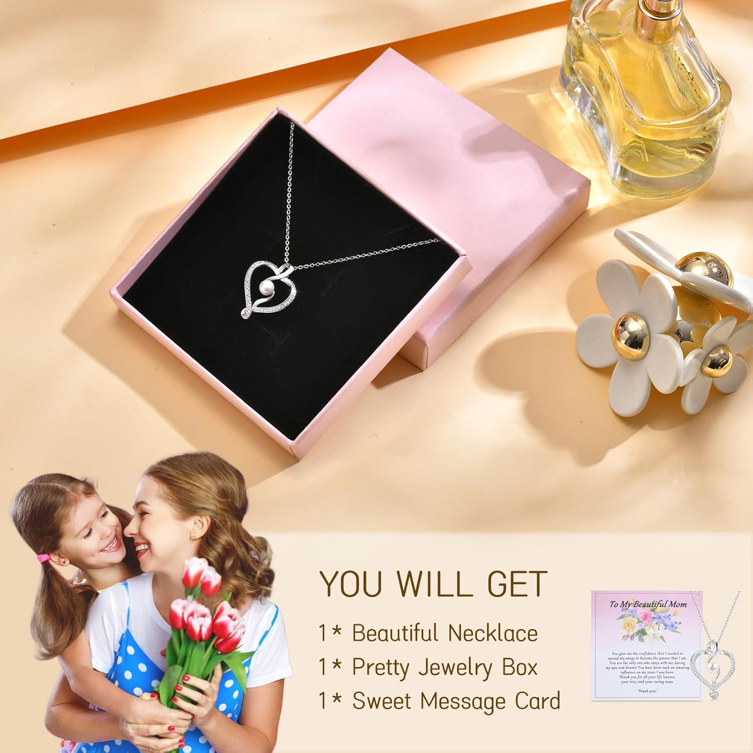 Silver Heart Necklace for Mom Grandmother - Infinity Heart Pendant Mama Necklaces,Adjustable Cubic Zirconia Love Pearl Pendants Jewelry with Box,Thoughtful Birthday Mothers Day Gifts for Women - Image 5