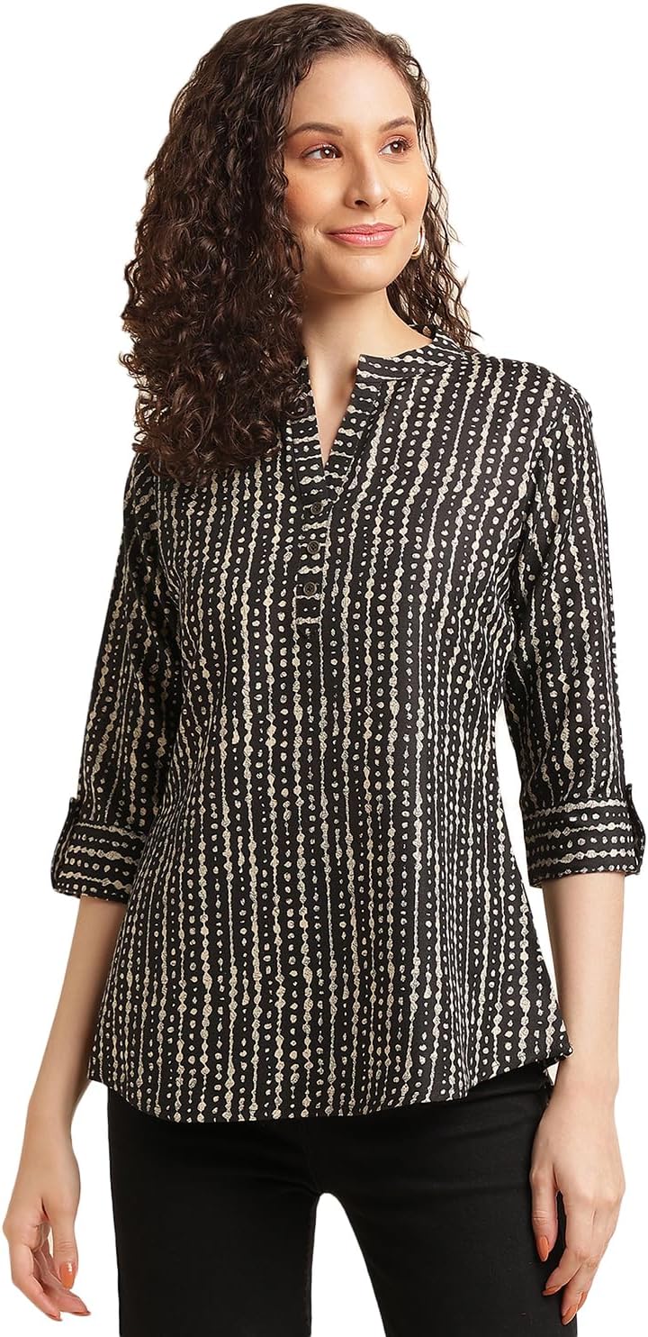 NAINVISH Tops for Women Printed Regular Fit Shirt, Tops for Women Stylish Latest|Office Wear Tops for Women|Cotton Blend Tops for Women|Mandarin Collar Top