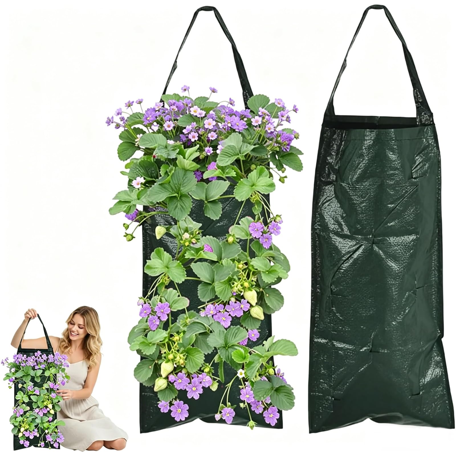 Derkiua 2PCS Hanging Planter Grow Bags, Vertical Wall Garden Planters for Vegetables, Herbs, Strawberries, Fabric Plant Pockets for Balcony, Patio, Indoor & Outdoor Gardening