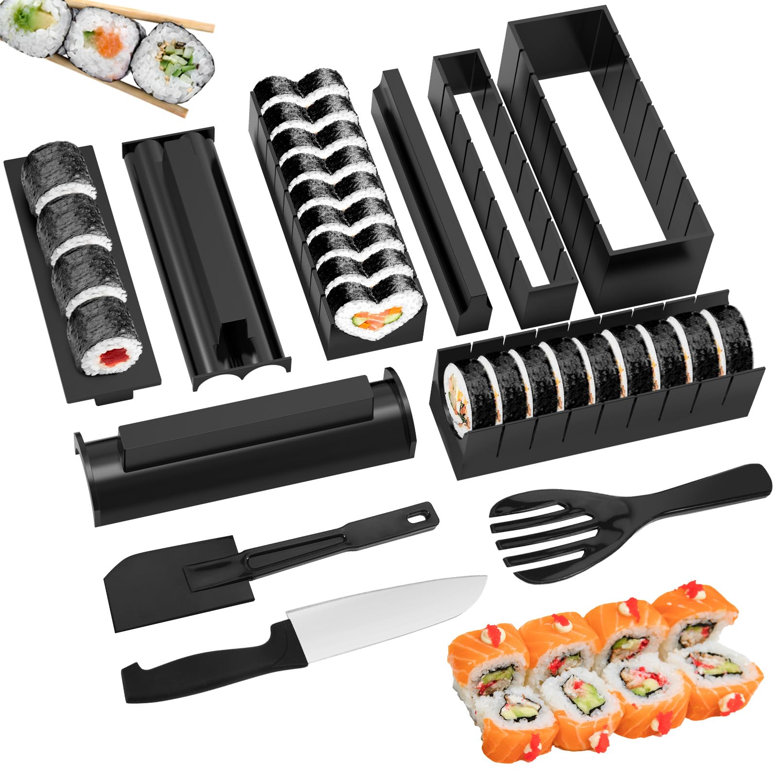 Sushi Maker Completo, Kit da 10 Pezzi con Stampo, Cucchiaio per Riso, Raschietto e Coltello Set per Preparare il Sushi Fai Da Te per Principianti, Fai Da Te e Kit Completo per Prepararlo a Casa
