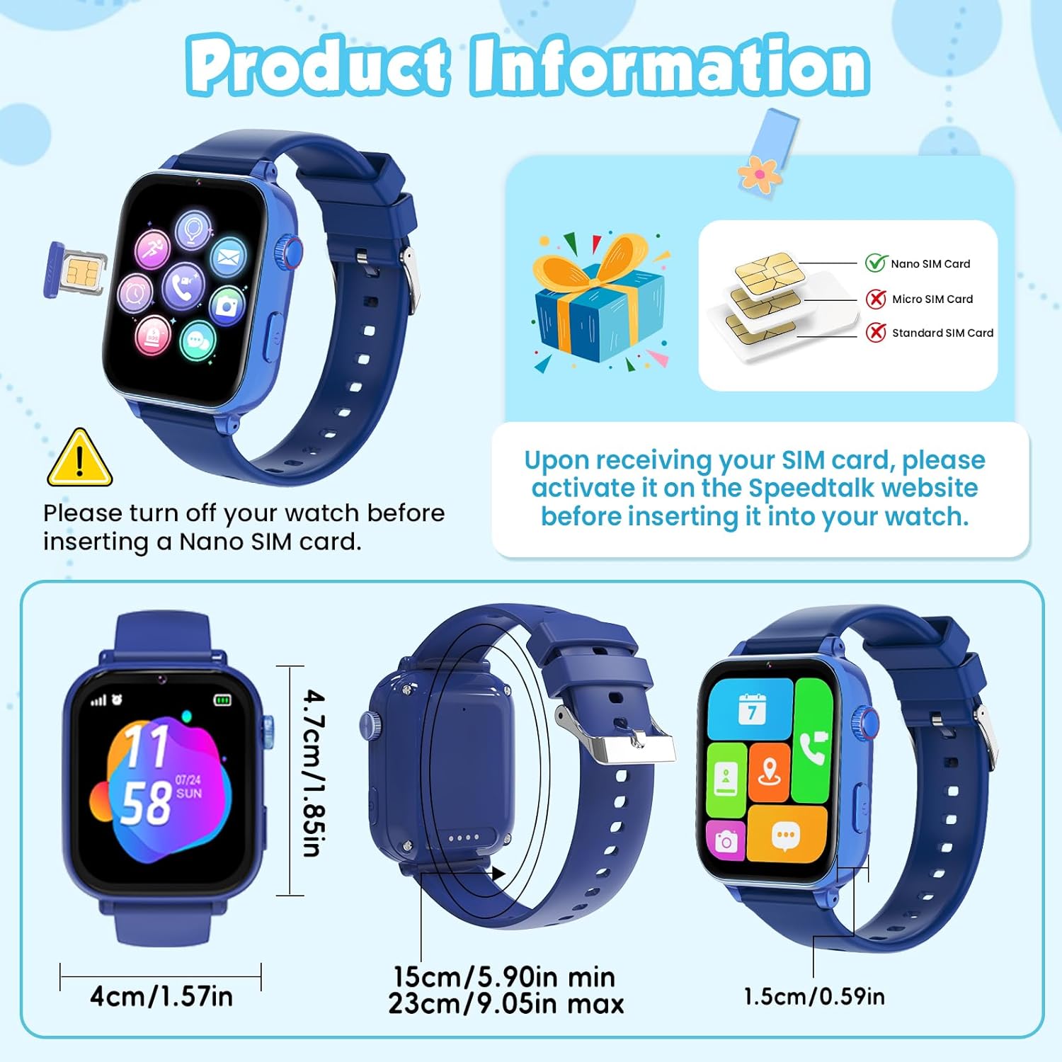 MOKAST 4G Kids Smart Watch for Boys Girls, Kid Watch Phone Ages 4-12 with Call, GPS, SOS, Video Call, Games, Camera, Alarm, Touchscreen Smartwatch for Children Birthday Gift (Includes SIM Card), Blue