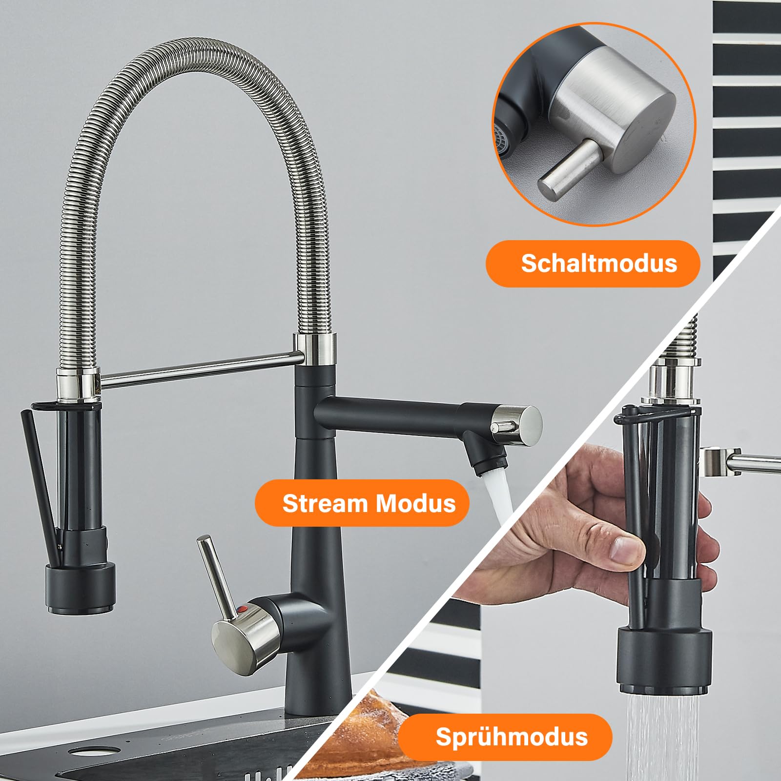 Rubinetto Cucina Nero Moderno - Miscelatore Alto Girevole 360° Con Beccuccio Antisplash