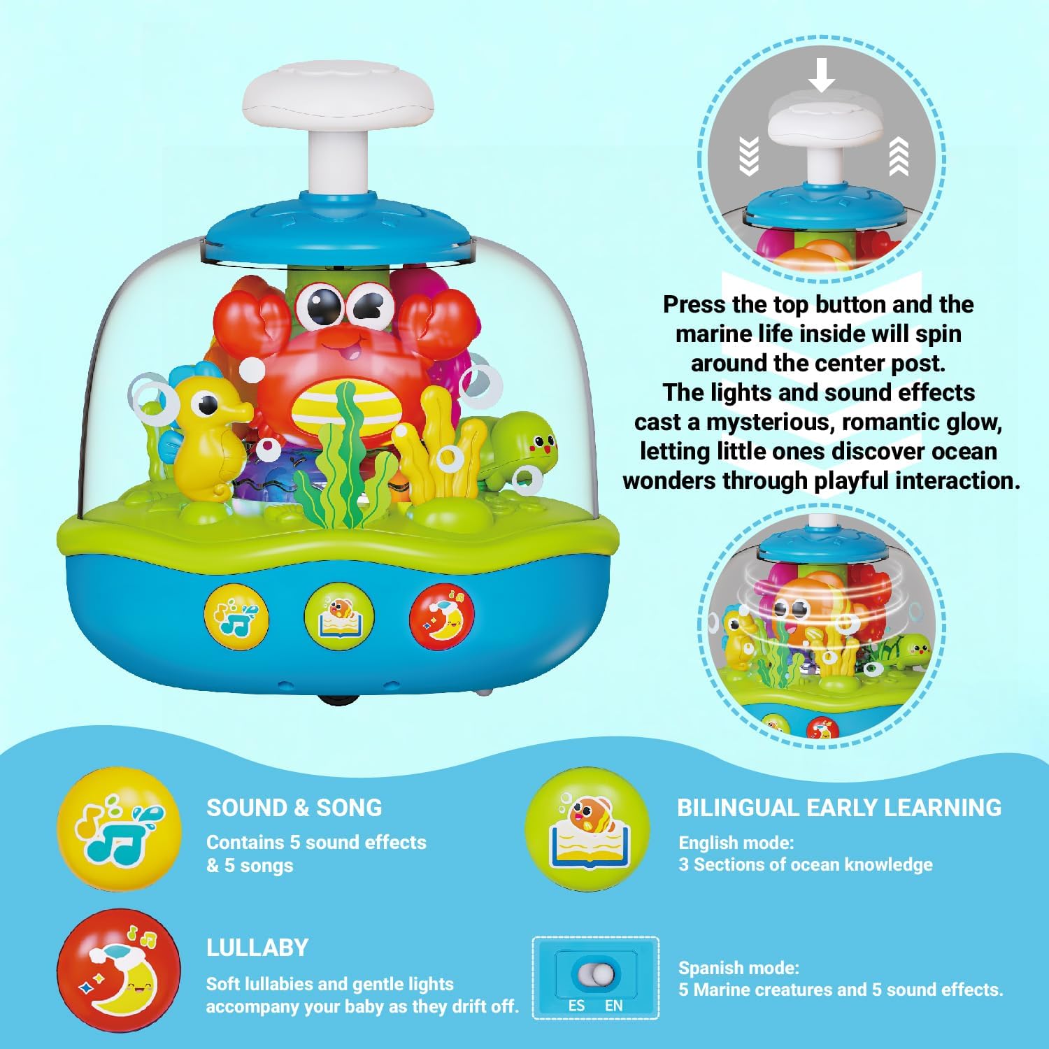 MoraBaby Baby Toys 6-12-18 Months, Press & Spin Ocean Musical Light Up Toy | Bilingual Learning Educational Cause and Effect Toy for 1 Year Old Boy & Girl, Birthday Gifts for 1-3 Year Old