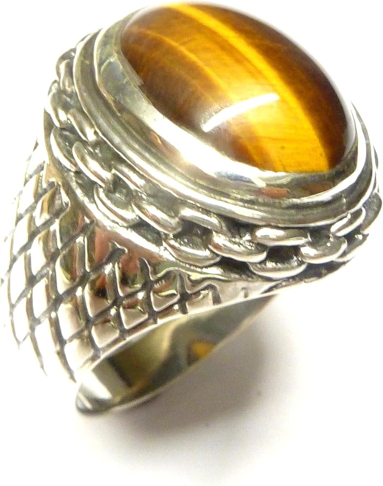 Bague Jonc Argent Massif 925 Oeil De Tigre - Taille 57 - Bijou Créateur Vintage