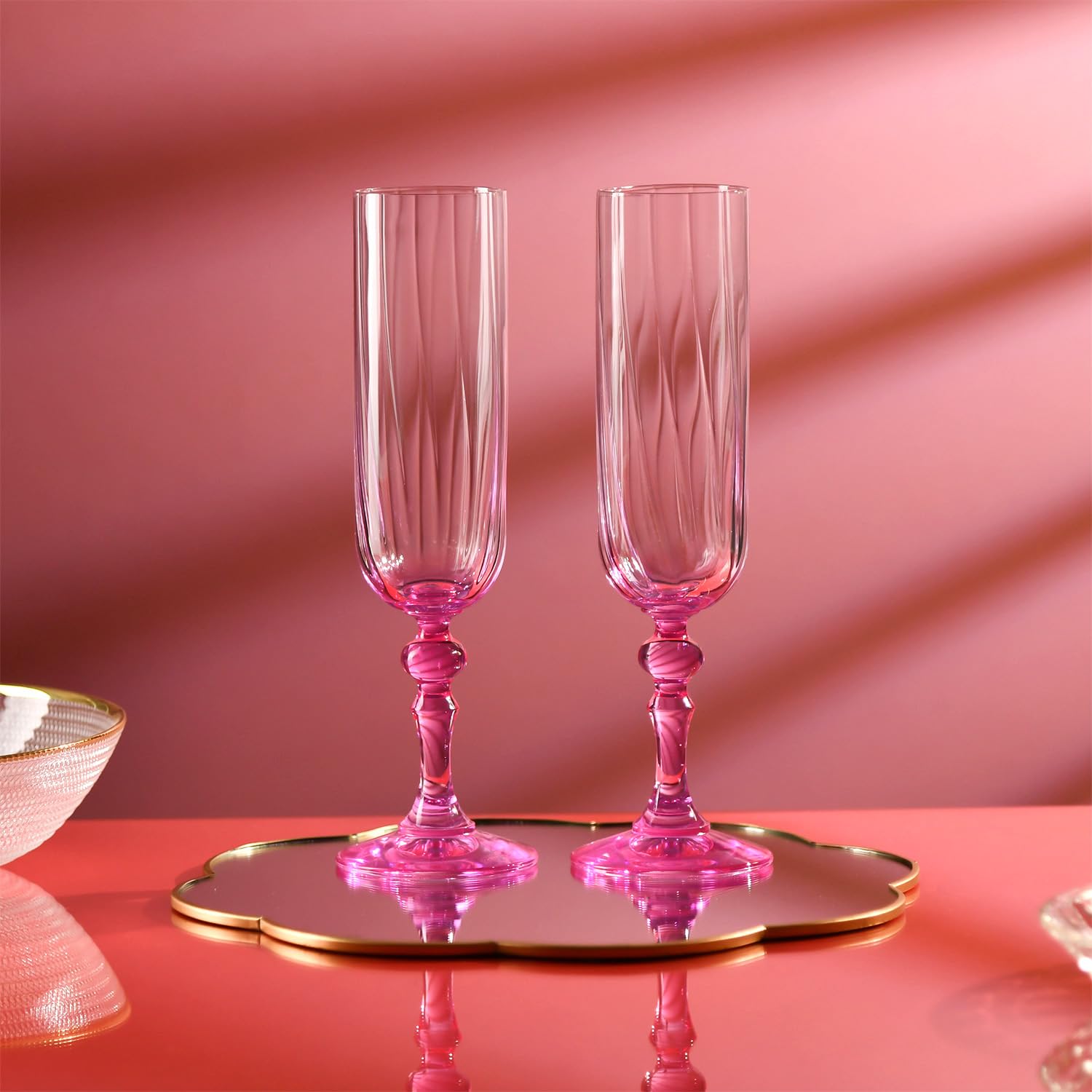Krosno Flûtes à Champagne Lot de 2, 220 ml, Pied Rose, Collection Bubble | Celebration Moments, Verres à prosecco, vin pétillant, cocktail, Cristal sans plomb, Compatibles lave-vaisselle, Idée cadeau