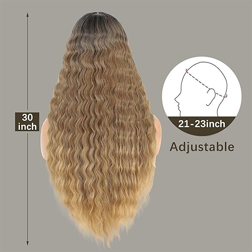 Miniatura 5 de Peluca rubia miel ombré de 30 pulgadas, pelucas de cabello sintético largo y rizado, pelucas pequeñas de encaje frontal para mujer, peluca suelta de