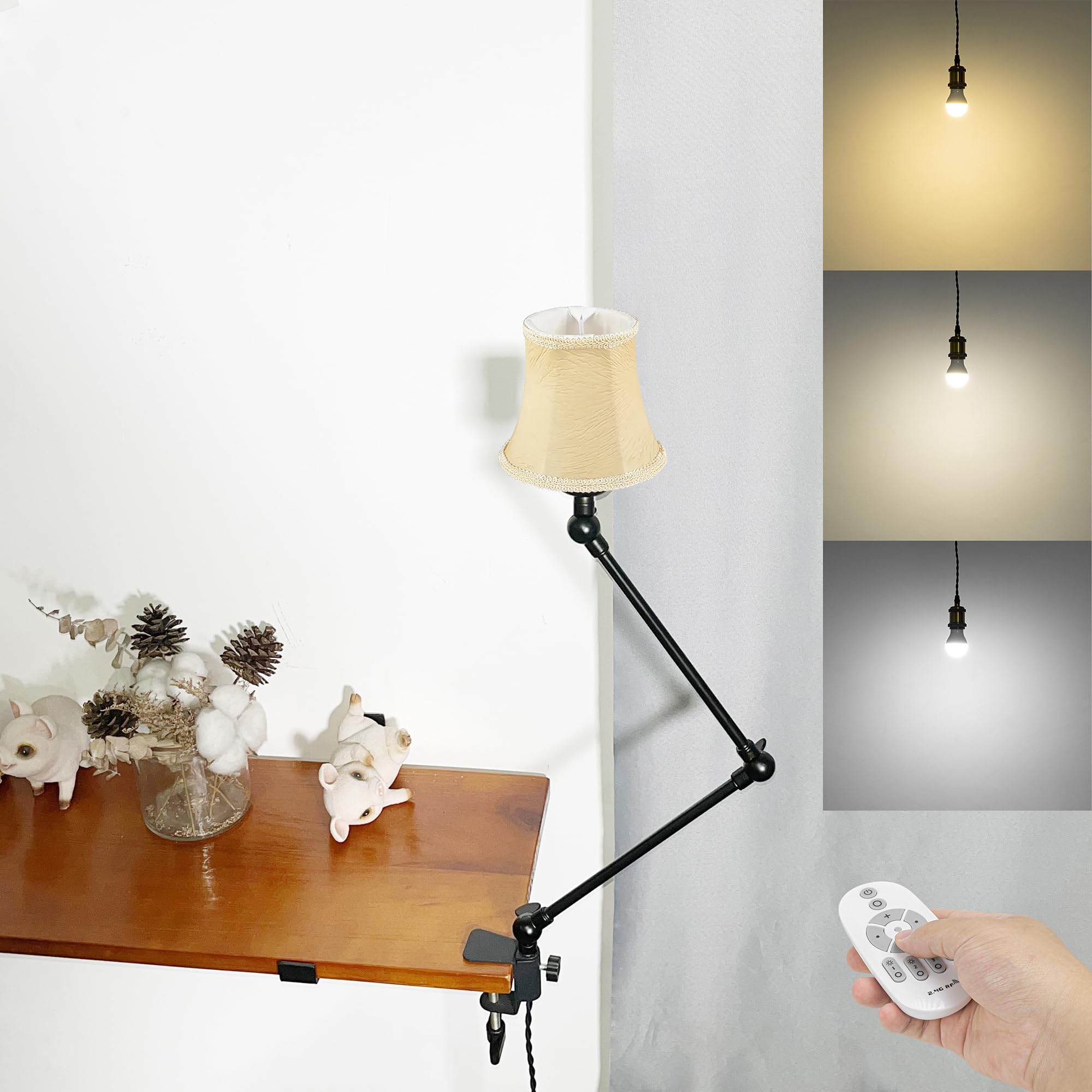 Klemmleuchte mit Fernsteuerung,1 Packung Leselampe mit 2,5 m Kabel, Dimmbar Nachttischlampe,Augenpflege Schreibtischlampe für Büro Heimgebrauch, E27 Lampenhalterung - DZ0332/20