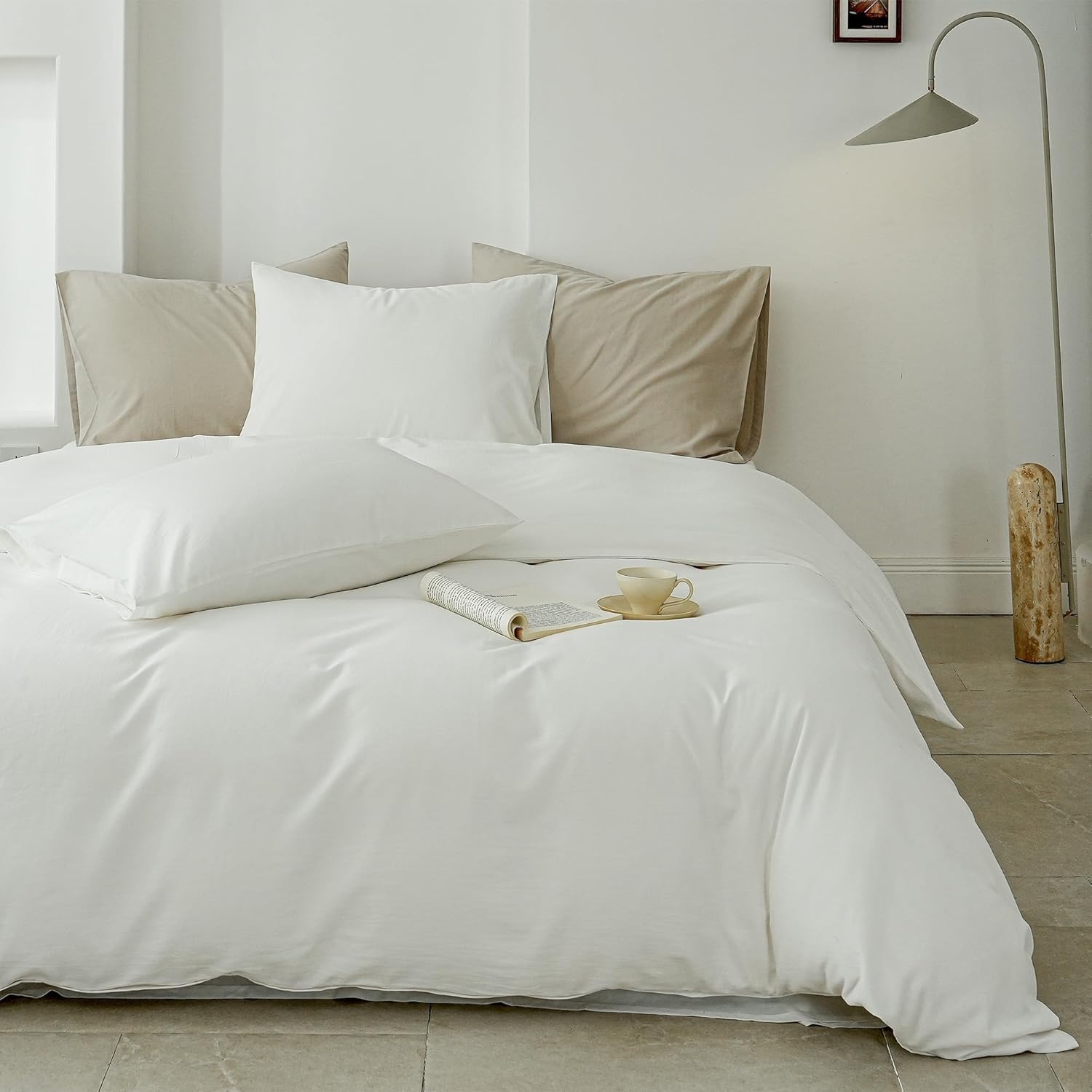 100% Washed Cotton Duvet Cover Set 3PCS Linen Feel King Duvet Cover Breathable Durable Comfy Twill Bedding (White,104" x 92")