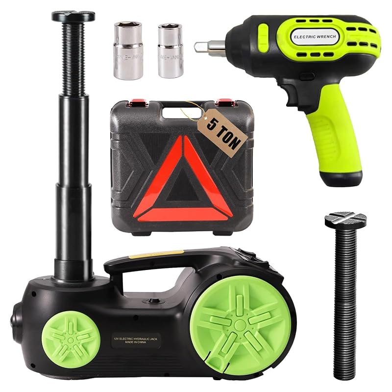 Macaco elétrico automotivo 12 V ROGTZ de 5 toneladas com compressor, chave de roda e kit de emergência verde TYGJ-016NEW