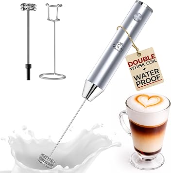 Zulay Kitchen Rechargeable Milk Frother Handheld - Frother Wand, Drink Mixer, Electric Whisk Frother, for Cappuccinos, Matcha & Protein Powder - Lux 4 Whisk 2 Speed Waterproof 2000mAh Silver