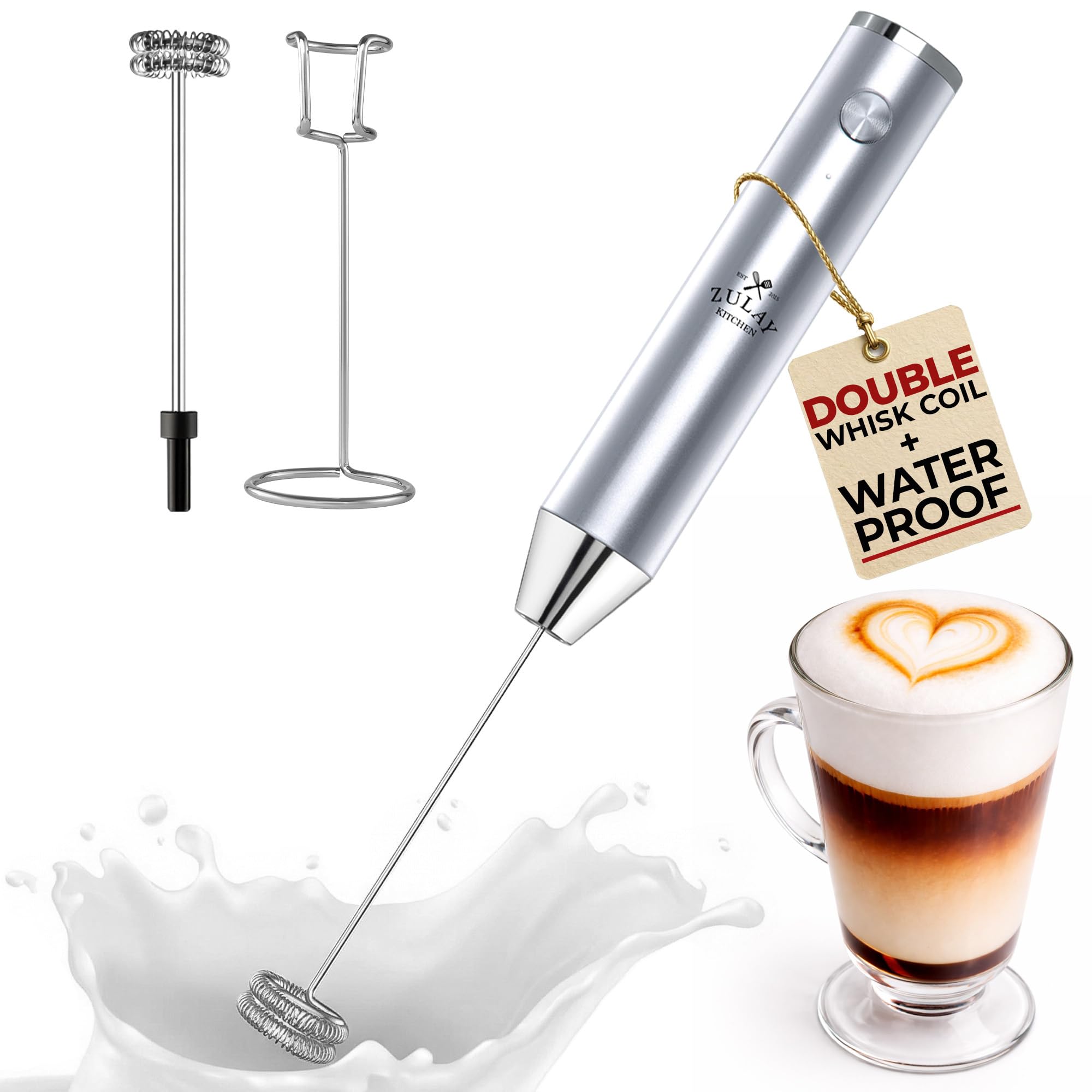 Zulay Kitchen Rechargeable Milk Frother Handheld - Frother Wand, Drink Mixer, Electric Whisk Frother, for Cappuccinos, Matcha &amp; Protein Powder - Lux Double Whisk 2 Speed Waterproof 2000mAh Silver