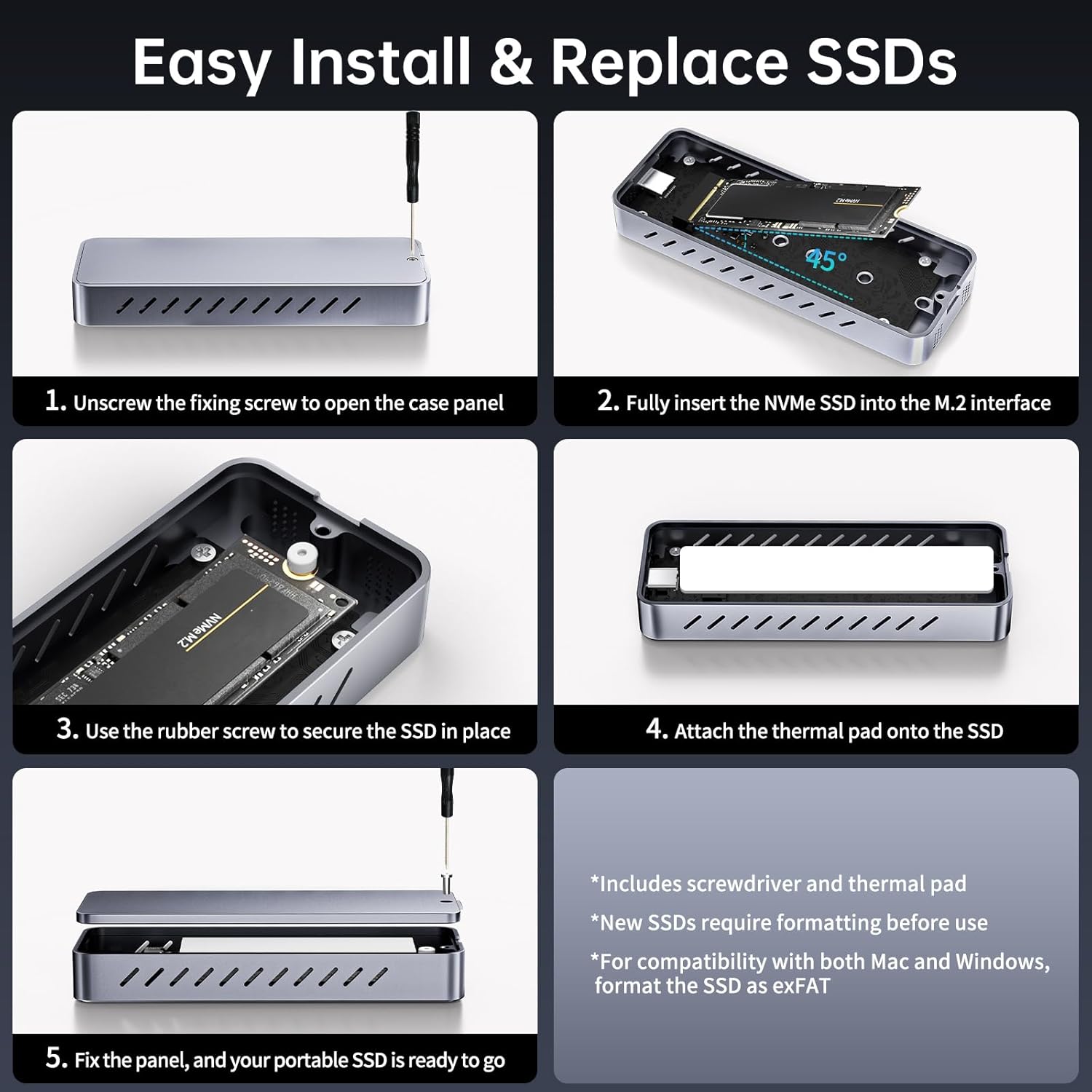 SSK NVMe SSD Enclosure, 20Gbps PCIE M.2 Enclosure SSD Case, NVMe to USB C 3.2GEN2X2 Adapter 2280/2260/2242/2230 Reader M-Key/B+M Key with LED Indicator Aluminum Alloy - Image 6