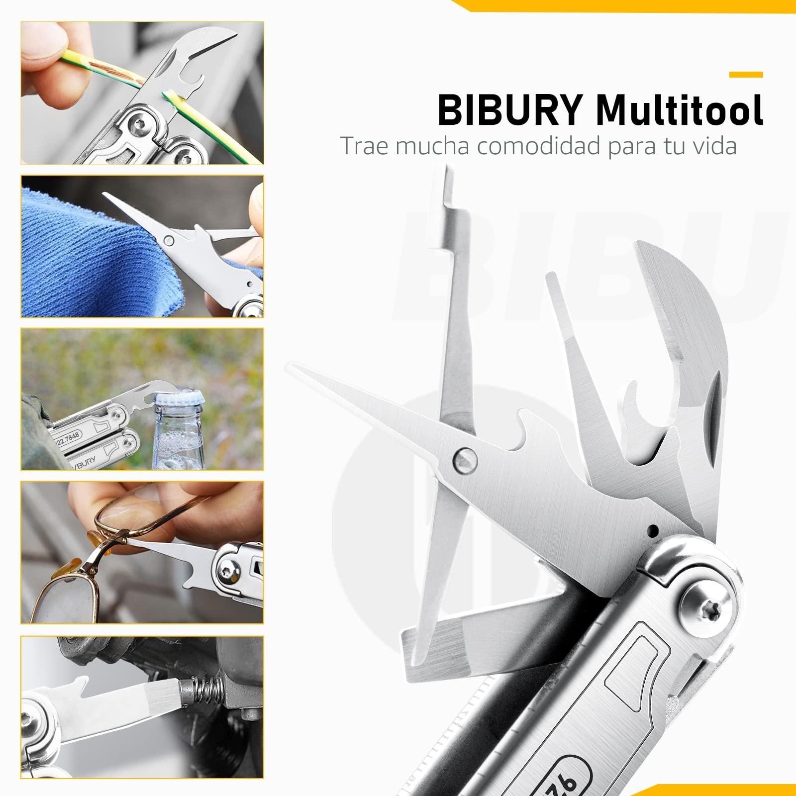 BIBURY Multiherramienta de Alicates, Navaja Multiusos de Acero Inoxidable con Bloqueo de Seguridad, Portátiles Alicates Plegables para la Supervivencia en el Exterior, Camping, Hogar, Reparación