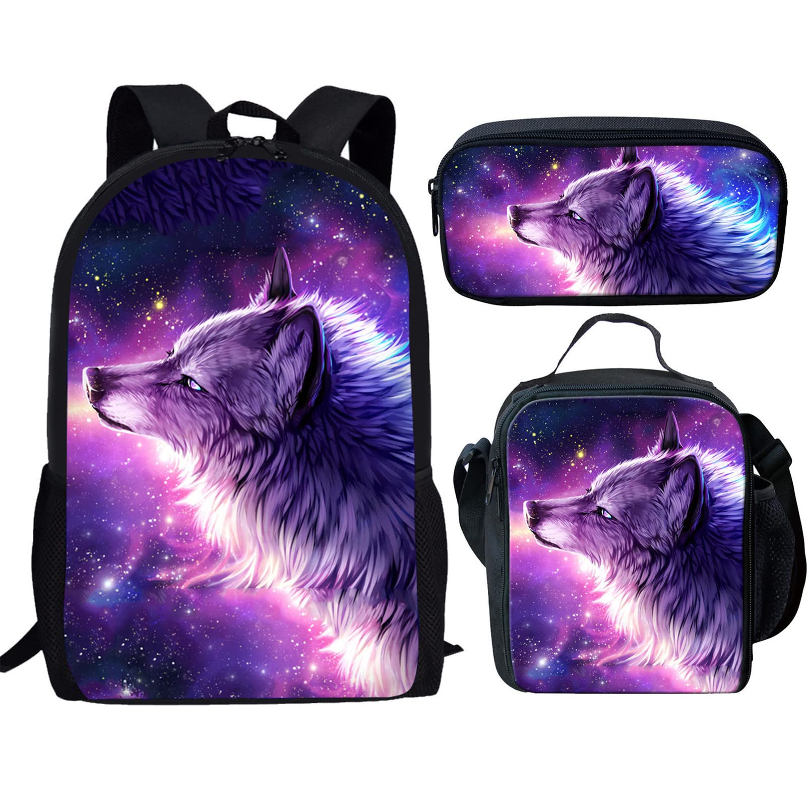 HUIACONG Mochila para niños, estuche para lápices, bolsa de almuerzo adecuada para niños de 5 a 19 años, Galaxia lobo