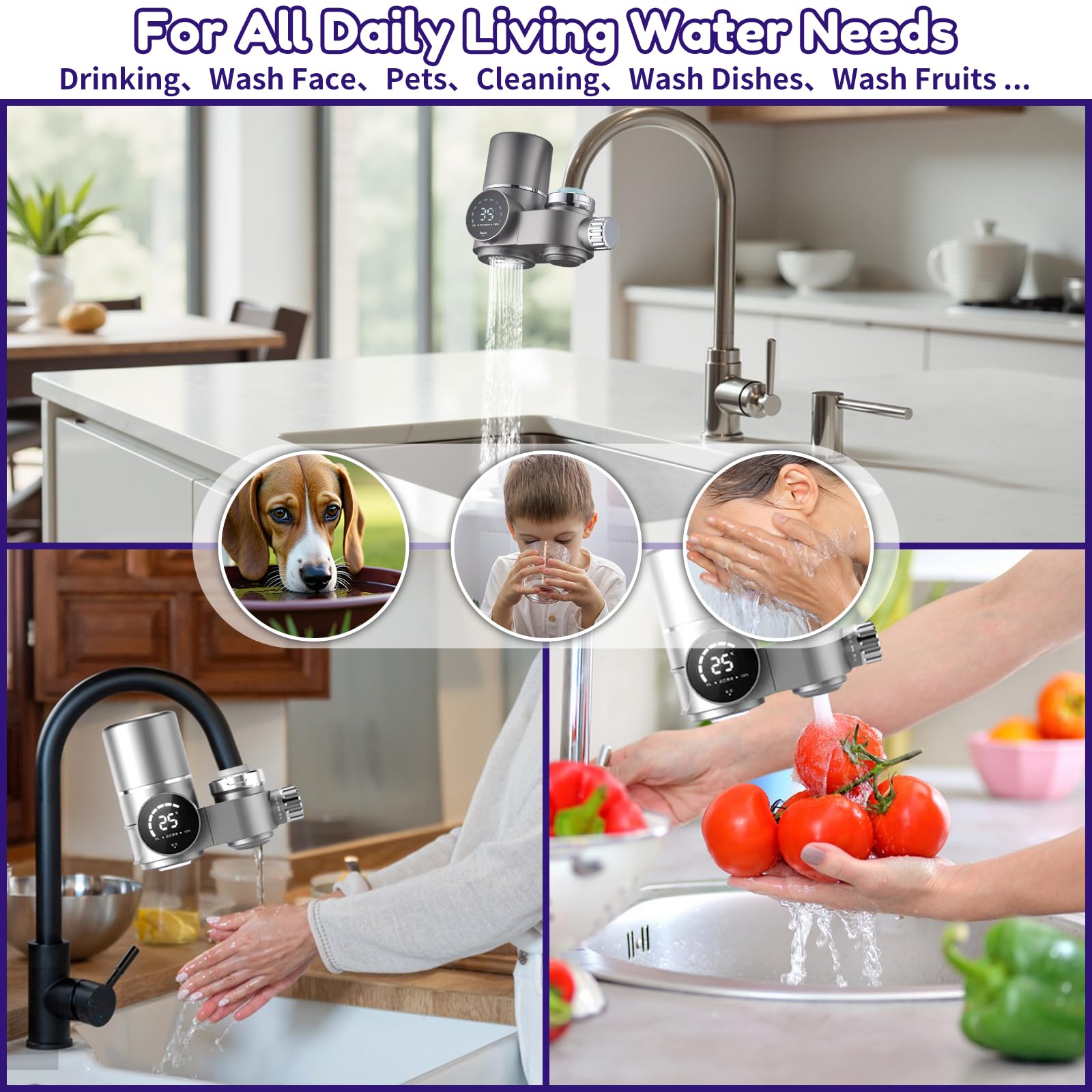 Filtro De Agua para Grifo con Pantalla Led, Indicador De Temperatura Y Vida del Cartucho, Luz UV Azul, Doble Cartucho Filtrante, 6 Adaptadores, Purificador para Cocina 15-25mm Silver