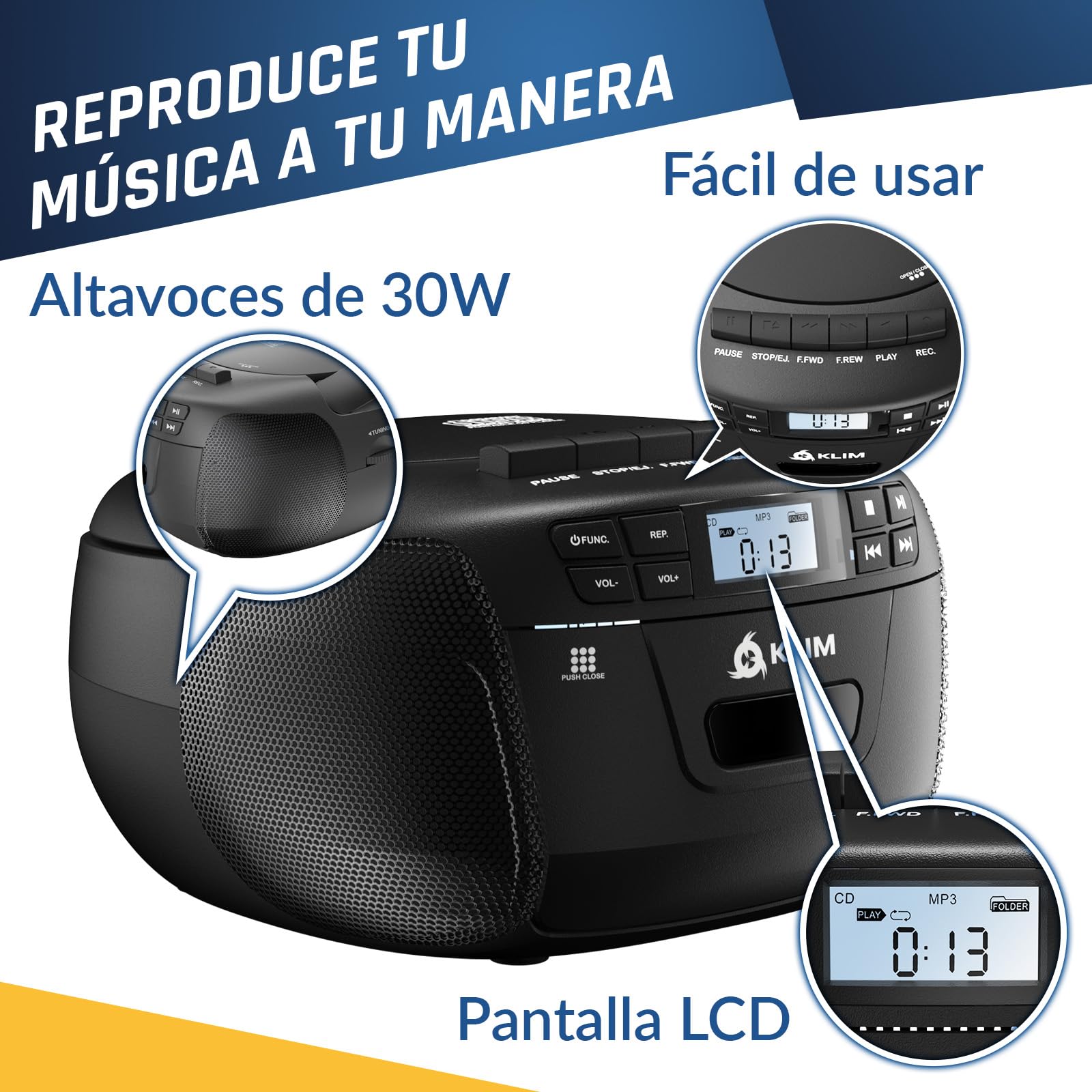 KLIM CD Player + Reproductor Cassette, Am/FM Radio y Bluetooth, Control Remoto, Radio Cassette y Grabación en Cinta, USB, AUX, Reproductor CD con Sonido Estéreo