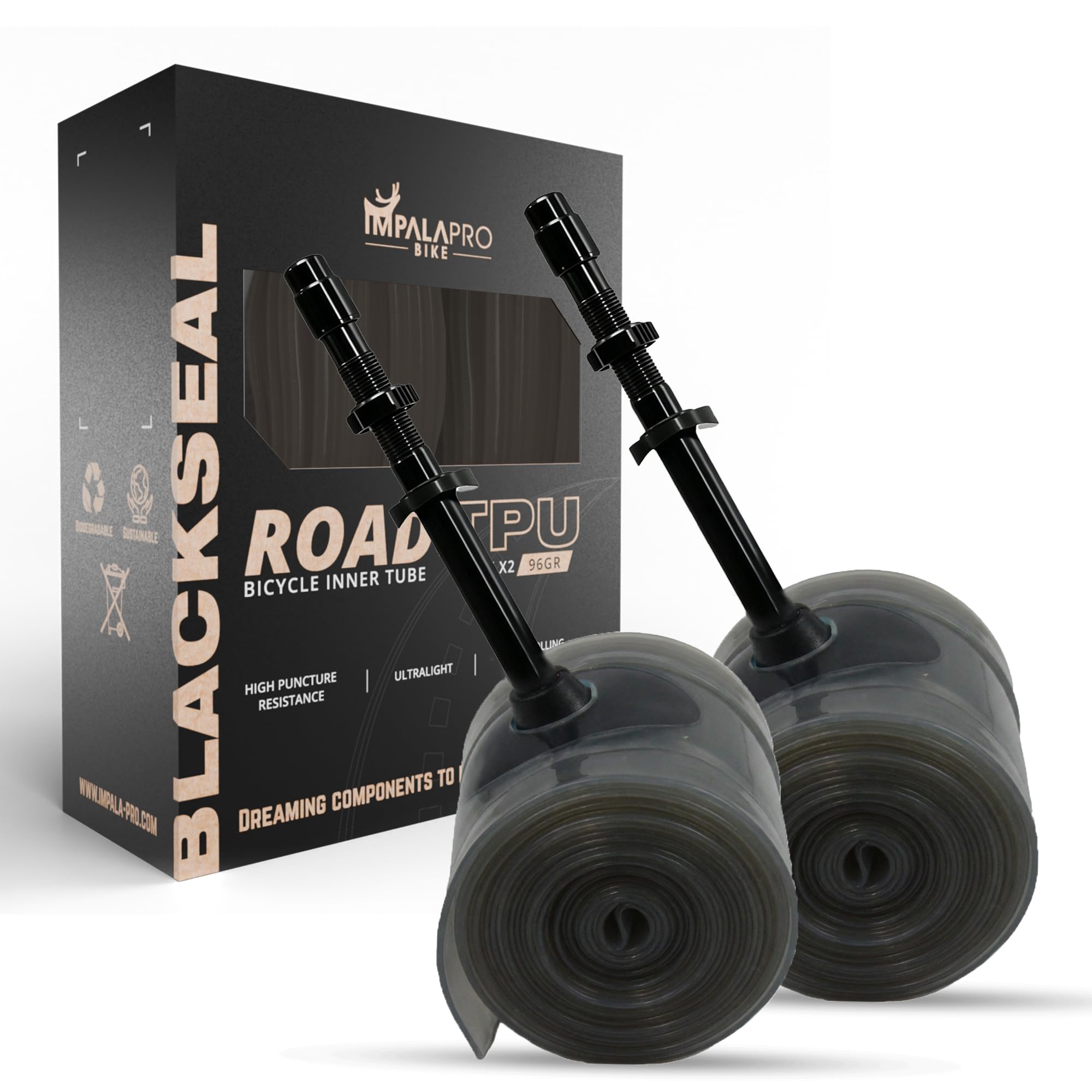 IMPALAPRO Black Seal – TPU Inner Tube 700c 18–32C for Road Bike | Premium 0.35 mm TPU, Reinforced Metal Presta Valve and Pressure Retention Design (2pc valv 65mm)