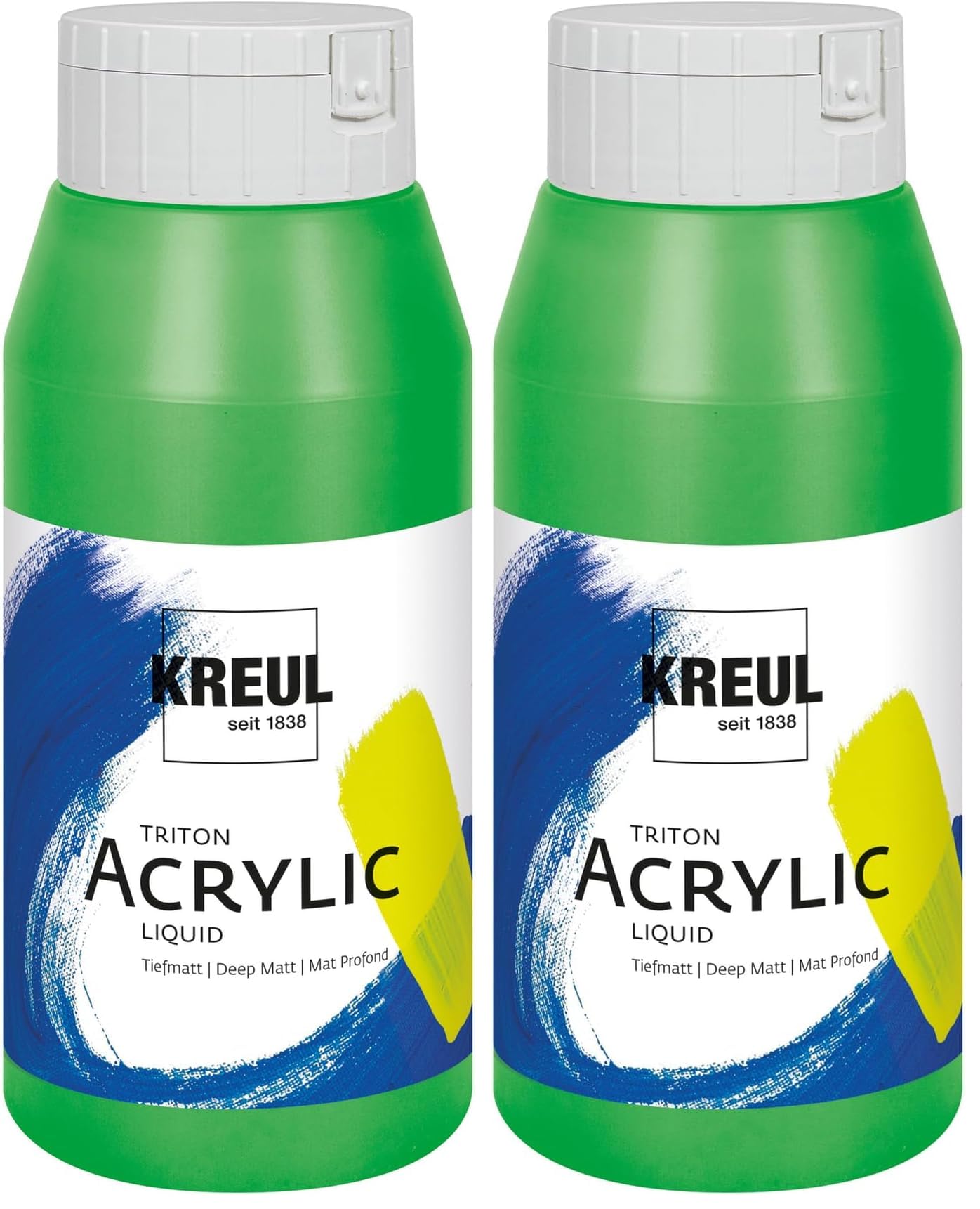 Kreul 17022 - Triton Acrylic Liquid Gelbgrün 750 ml, Hochwertige Künstler-Acrylfarbe in Studienqualität mit leicht fließendem Charakter, tiefmatt auftrocknend (Packung mit 2)