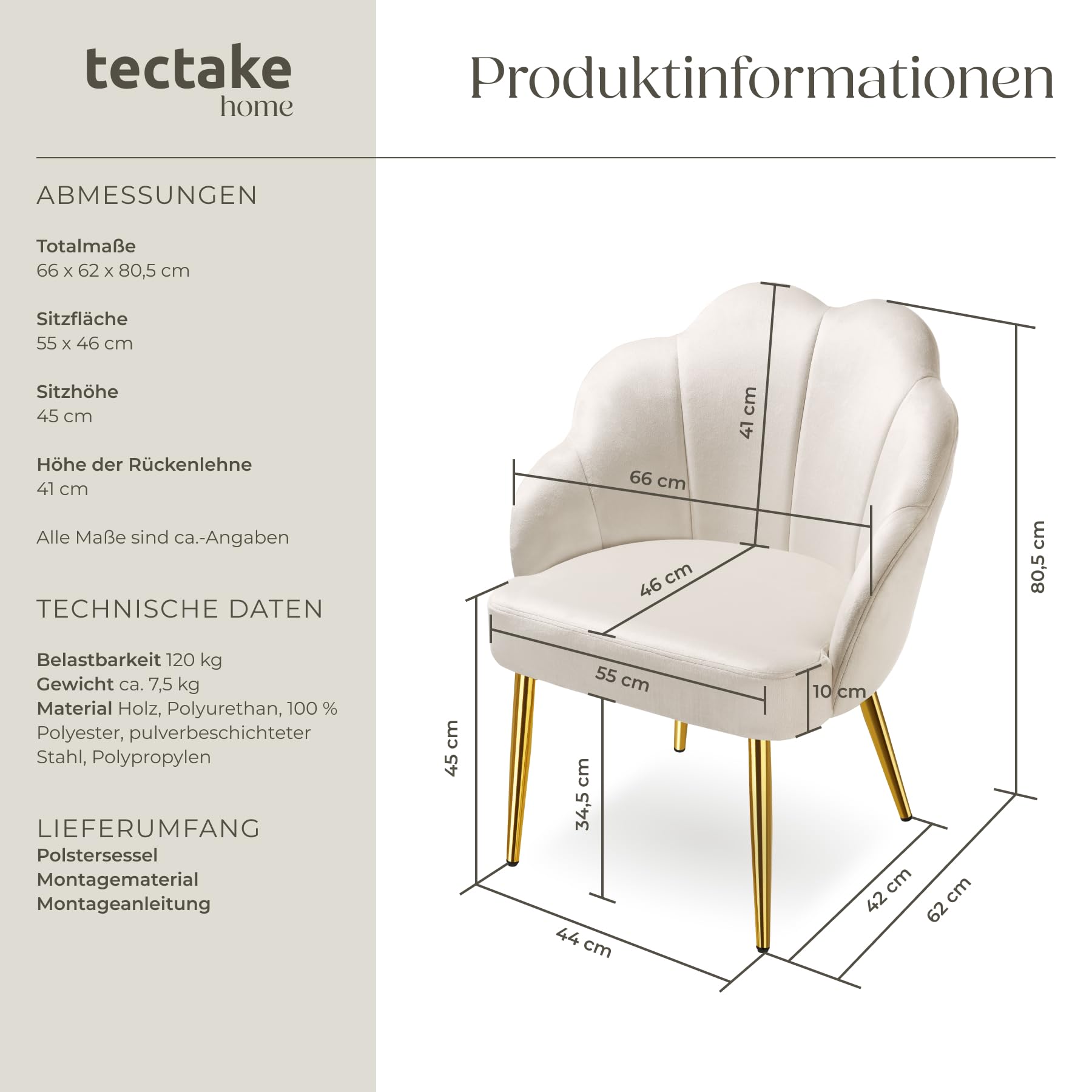tectake® Cocktailsessel in Muschelform, Samt Stuhl mit Armlehne, Sessel Wohnzimmer, Loungesessel, Stühle Esszimmer, Relaxsessel, Sessel Schlafzimmer, Deko Zimmer, Lesesessel - créme/Gold, 1 Stuhl