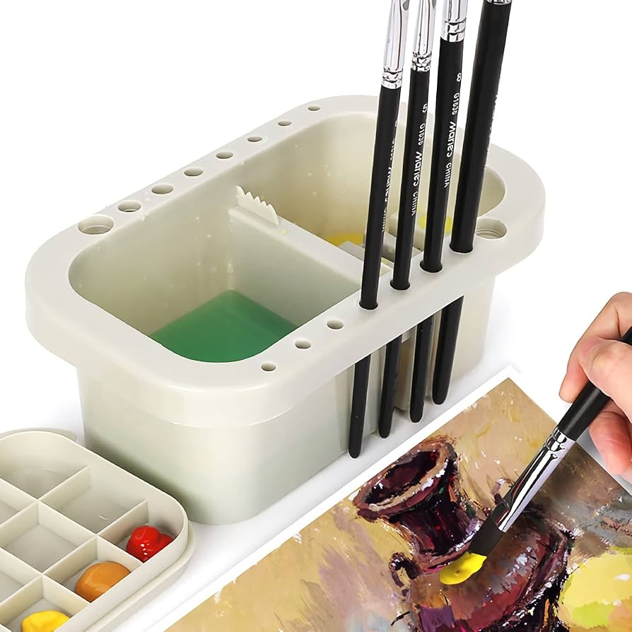 Multi Use Paint Brush Basin With Brushes Holder Washer Trays Box Artist Cleaner Cup For Watercolor Oil Acrylic Gouache Painting With Lid