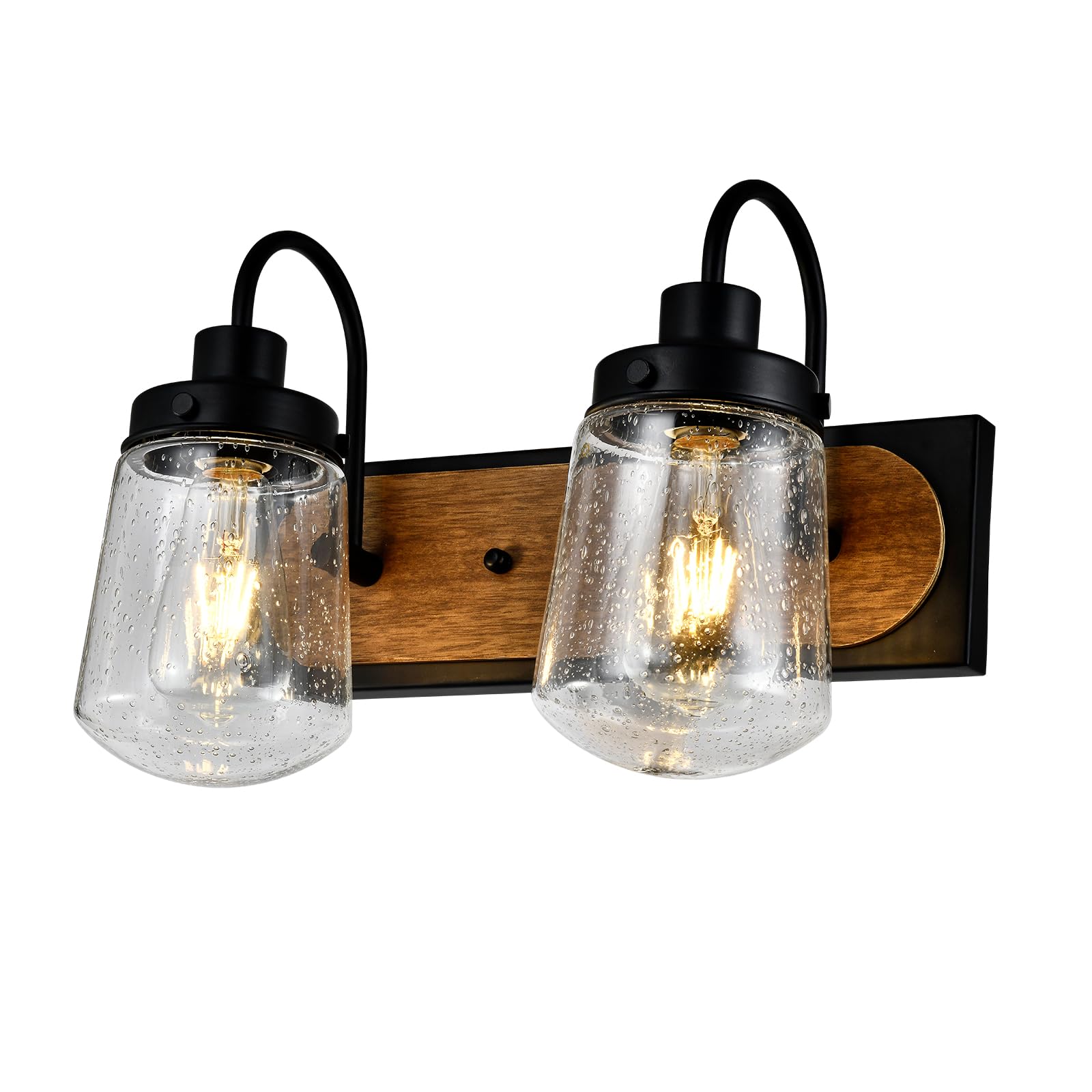 LQWELL® Wandleuchte E27, Wandlampe Innen 2 Flammig Retro Eisen-Holz-Wandbeleuchtung Wandspot für Schlafzimmer Wohnzimmer Studio Hotel Treppe, Mattschwarz, Glühbirne nicht enthalten