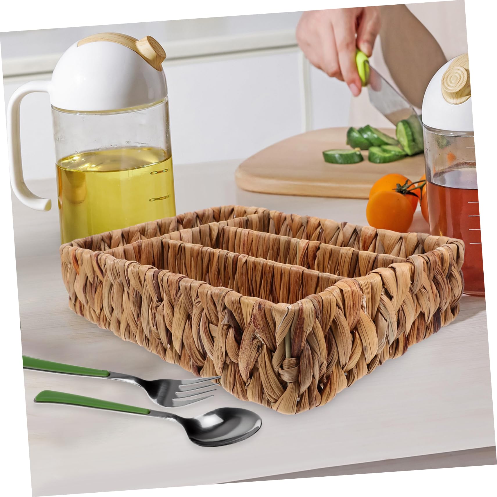 Cabilock Cesta De Almacenamiento Tejida De Paja Cesta Para Utensilios De Cocina Organizador De Cubiertos Para Secar Dividida Para Escenarios De Cocina