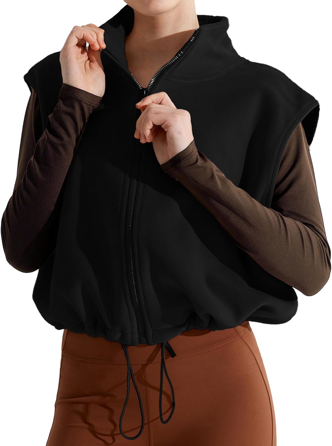 FEOYA Women's Fleece Vest Full Zip Sherpa Crop Windproof Sleeveless Jacket Stand Collar Winter Outerwear Workout Vest