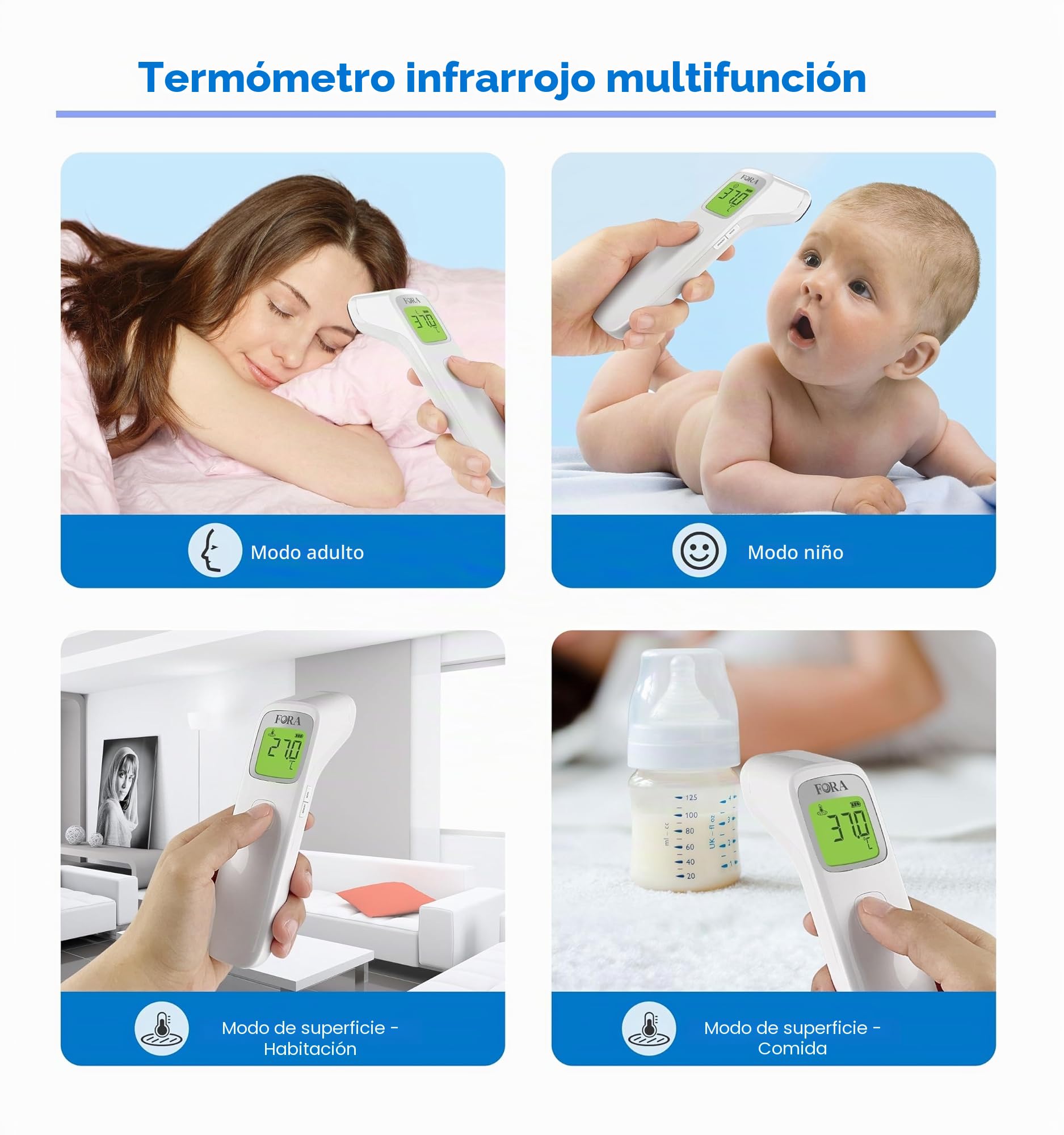 FORA IR42 Termómetro de frente - Termómetro infrarrojo para fiebre, sin contacto, medición inmediata y precisa para bebés, adultos y objetos, indicador LED y advertencia de fiebre