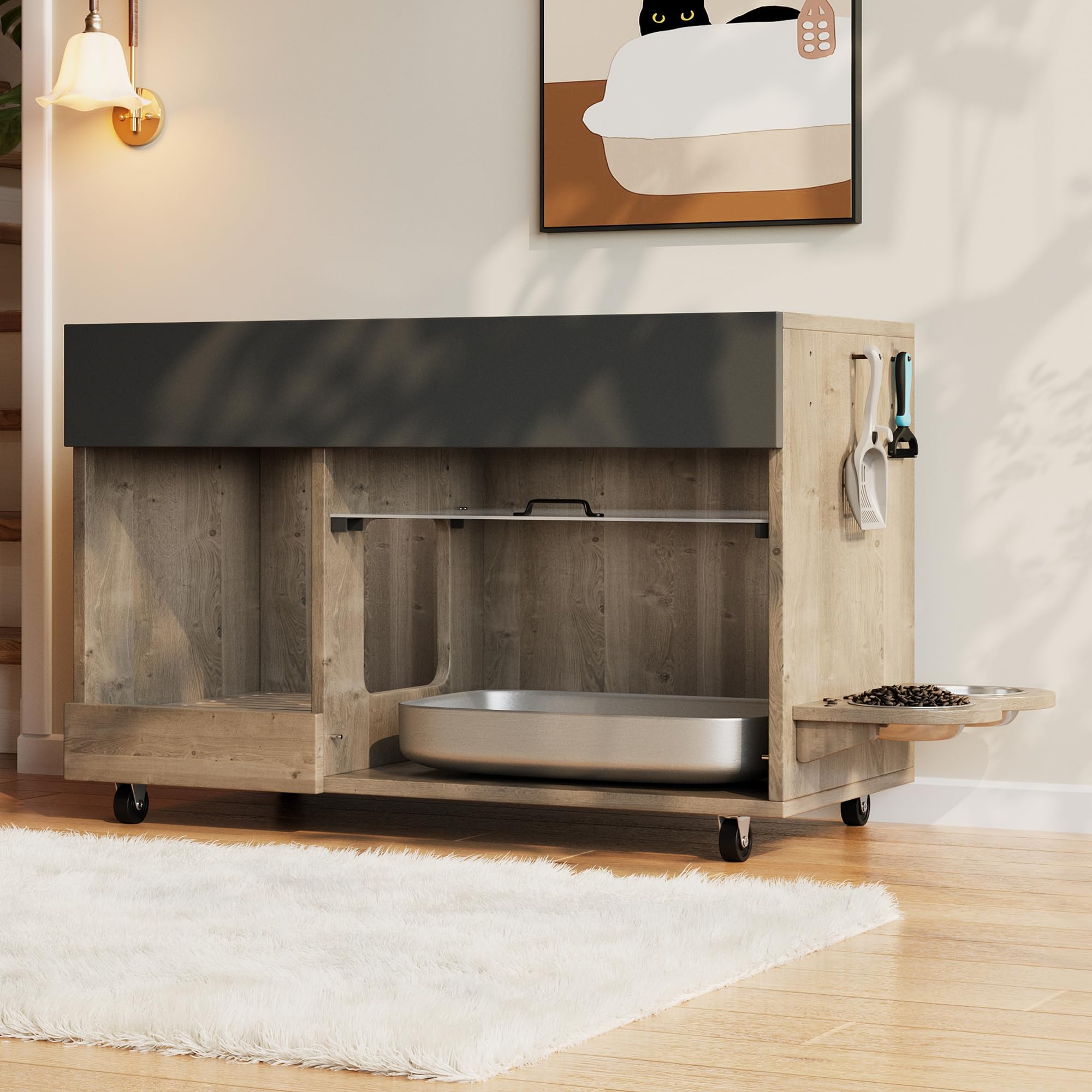 SUKY Armario para gatos móvil con platos para comida, bandeja para sandauffangle, placa perforada con ganchos, sin caja de arena, 100 × 45,5 × 67 cm, color marrón envejecido, madera de roble