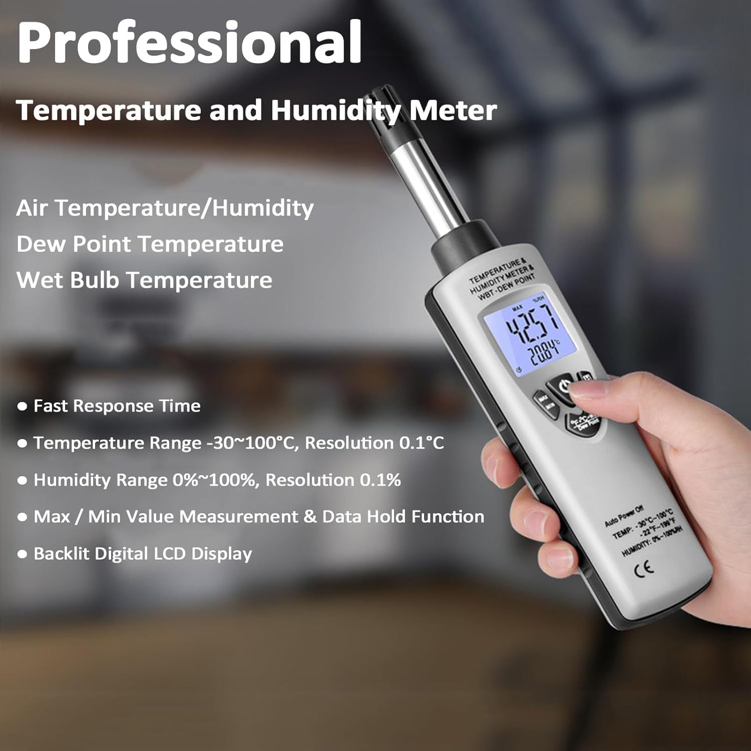 Igrometro digitale ad alta precisione, misuratore di temperatura e umidità industriale per interni, tempo di risposta 10 s, con display LCD retroilluminato, per casa, ufficio, camera da letto, soggior