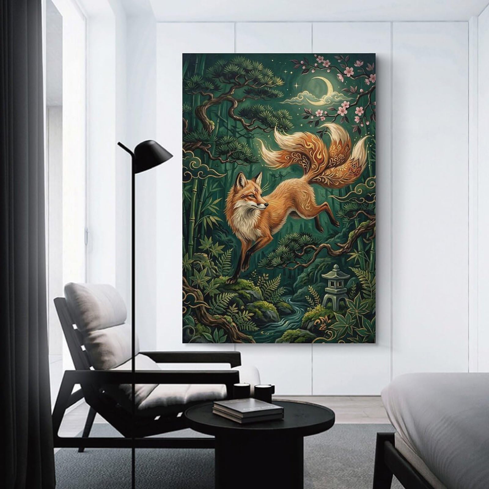 Junmoney Mythical Fox in Moonlit Bamboo Forest Wall Picture Print 12x18inch(30x45cm), for Lounge Decor, Offices Or Entryway Styling, Versatile Wall Decor for Many Rooms
